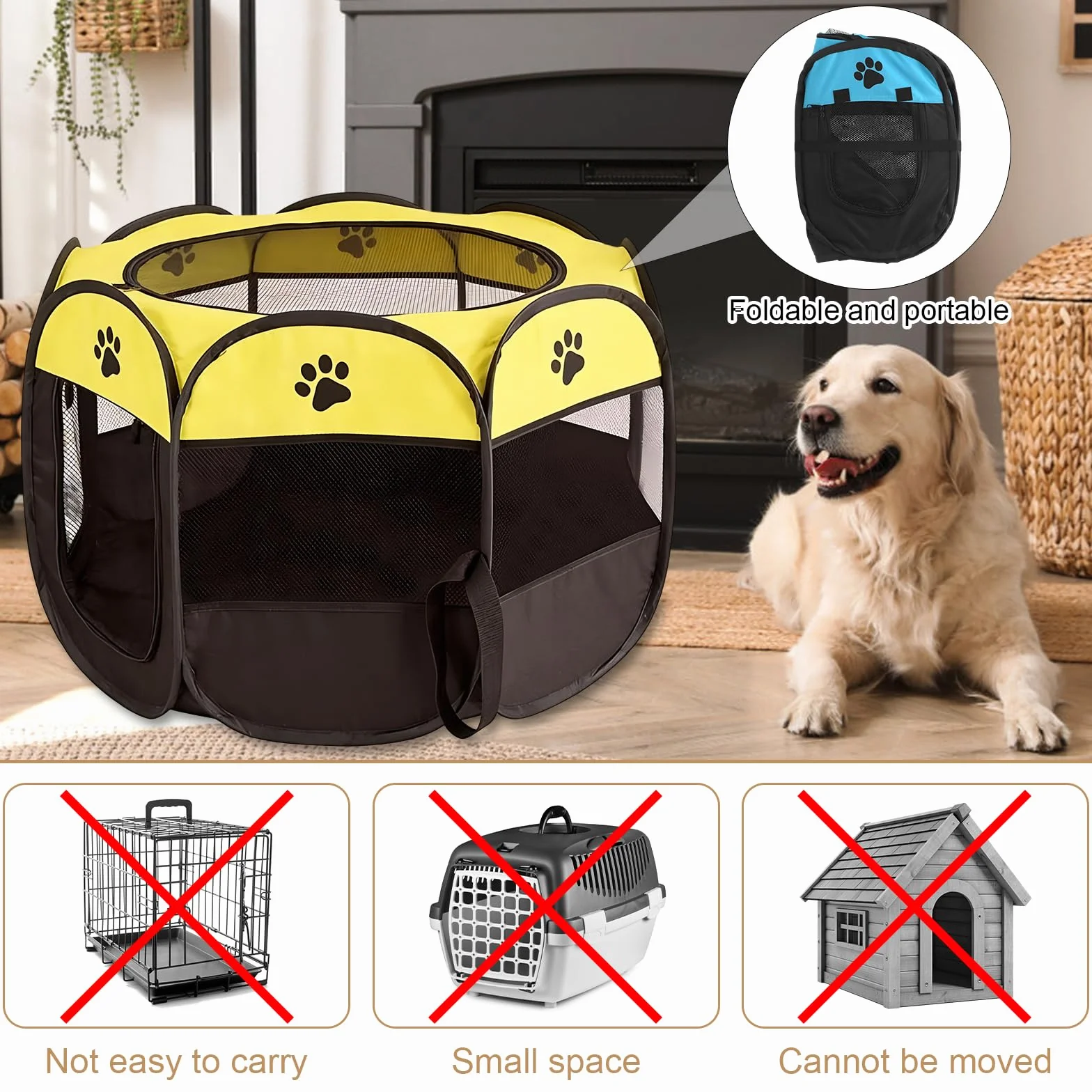 Recinto per Cani da Interno, Portatile Box Cani per Interno ed Esterni, Box Pieghevole per Cane e Gatti, Kennel Cane Piccolo, Gabbia per Gatto, Cucciolo Conigli, 74 x 74 x 43 cm (Giallo)