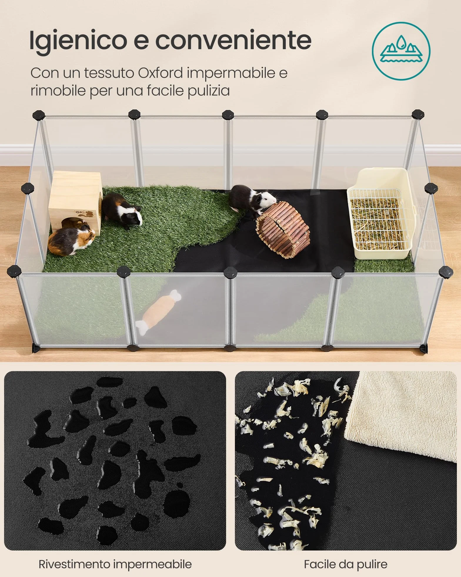 SONGMICS Recinto per Animali con Fondo e Tappeto Impermeabile e Rimovibile, Recinzione per Animali Piccoli, per Criceti, Conigli, Ricci, Porcellini d’India, 143 x 73 x 46 cm, Bianco LPC012W01