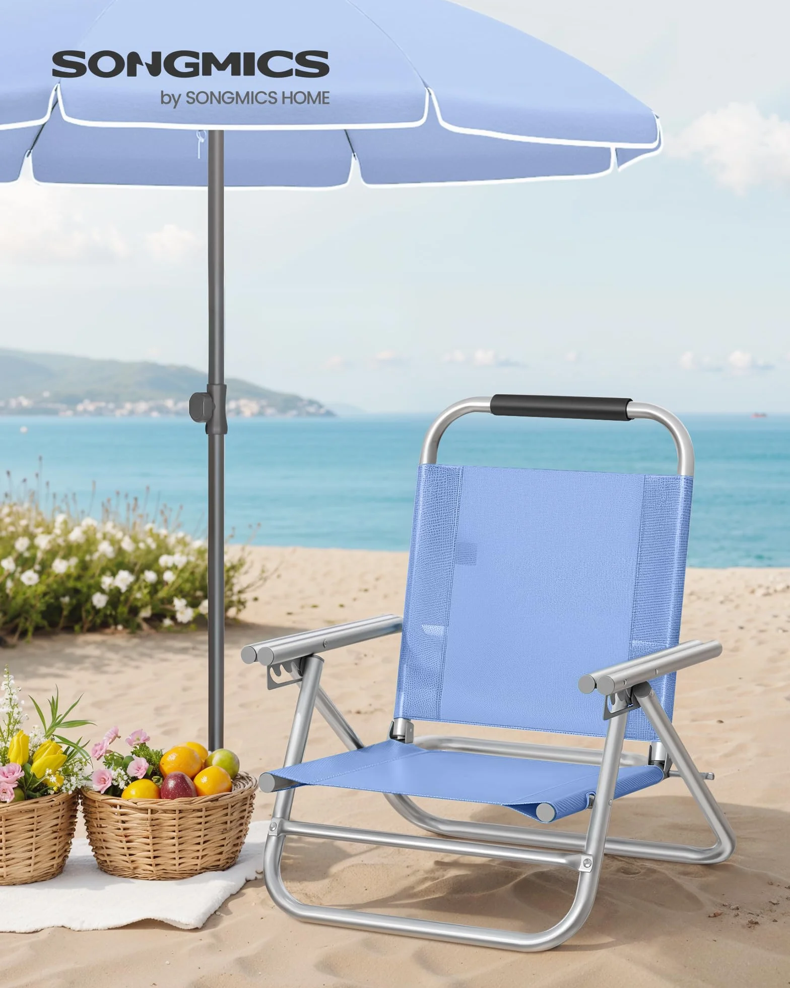 SONGMICS Sedia da Spiaggia Pieghevole Portatile Schienale Regolabile 4 Angoli Braccioli Traspirante Blu GCB65BU