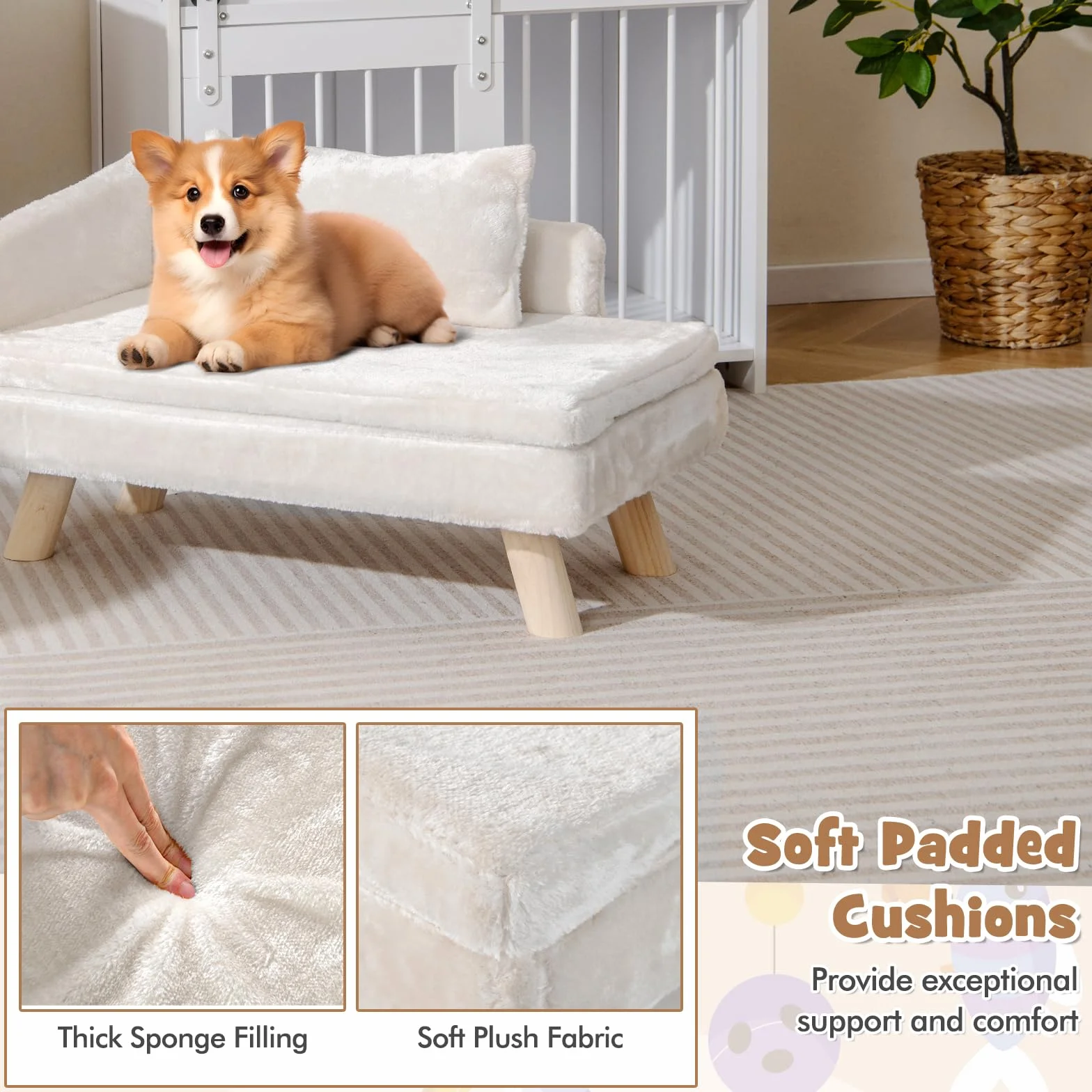 SOARS Divano per Cani con Schienale, Cuscino e Gambe in Legno, Letto per Cani di Media Taglia, Cuccia Rialzata, Divanetto per Animali Domestici, 71 x 43 x 40 cm, Beige