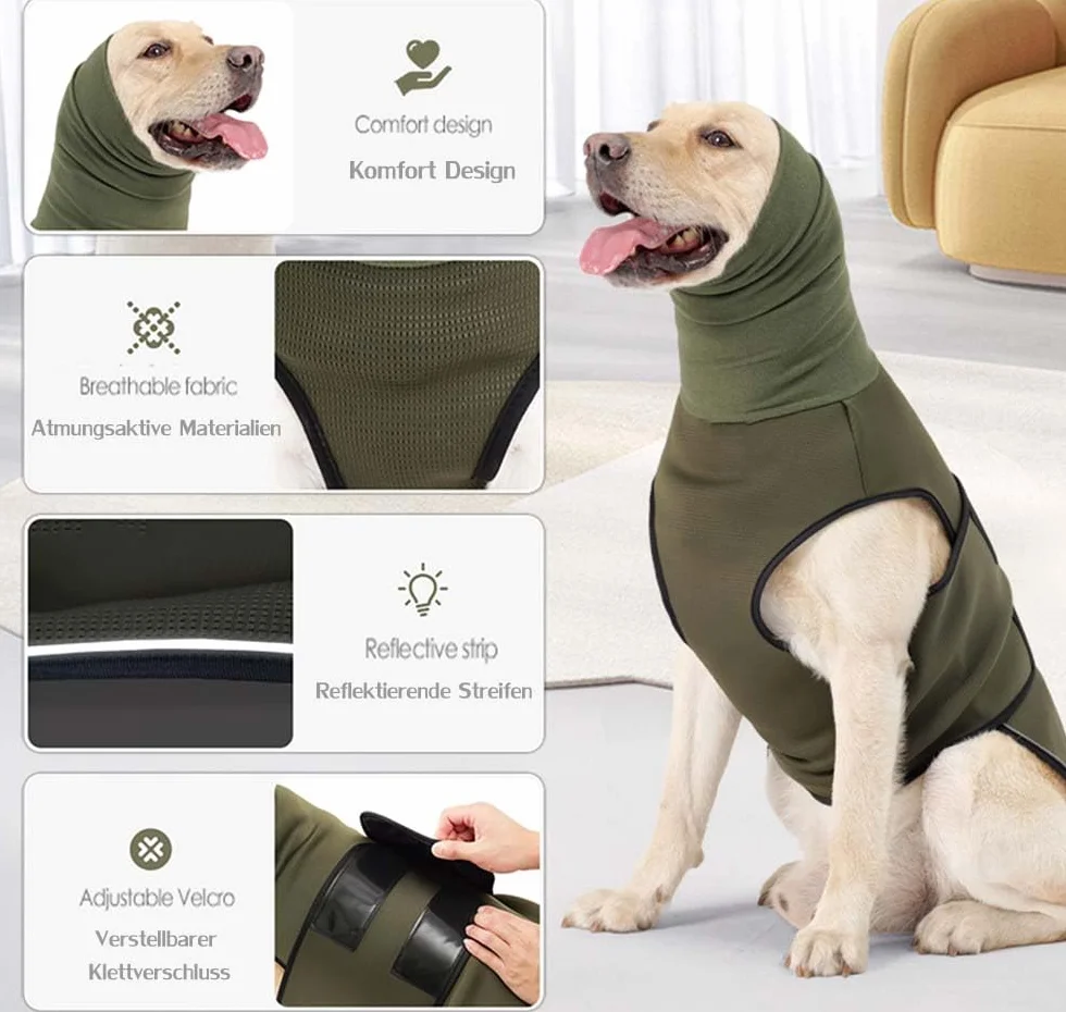 Cappotto calmante per cani con strisce riflettenti, protezioni orecchie, dolcevita ansia, per fuochi d'artificio e viaggi