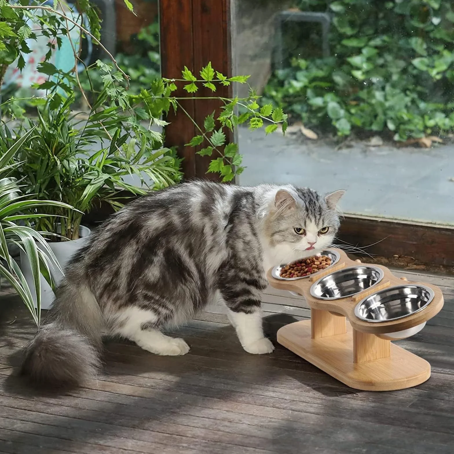 Ciotola per Gatti Rialzata, Ciotole Gatto in Bambù, Regolabili Ciotola Gatti Rialzata con 3 Ciotole in Acciaio Inossidabile per Cani Piccoli, Gattini