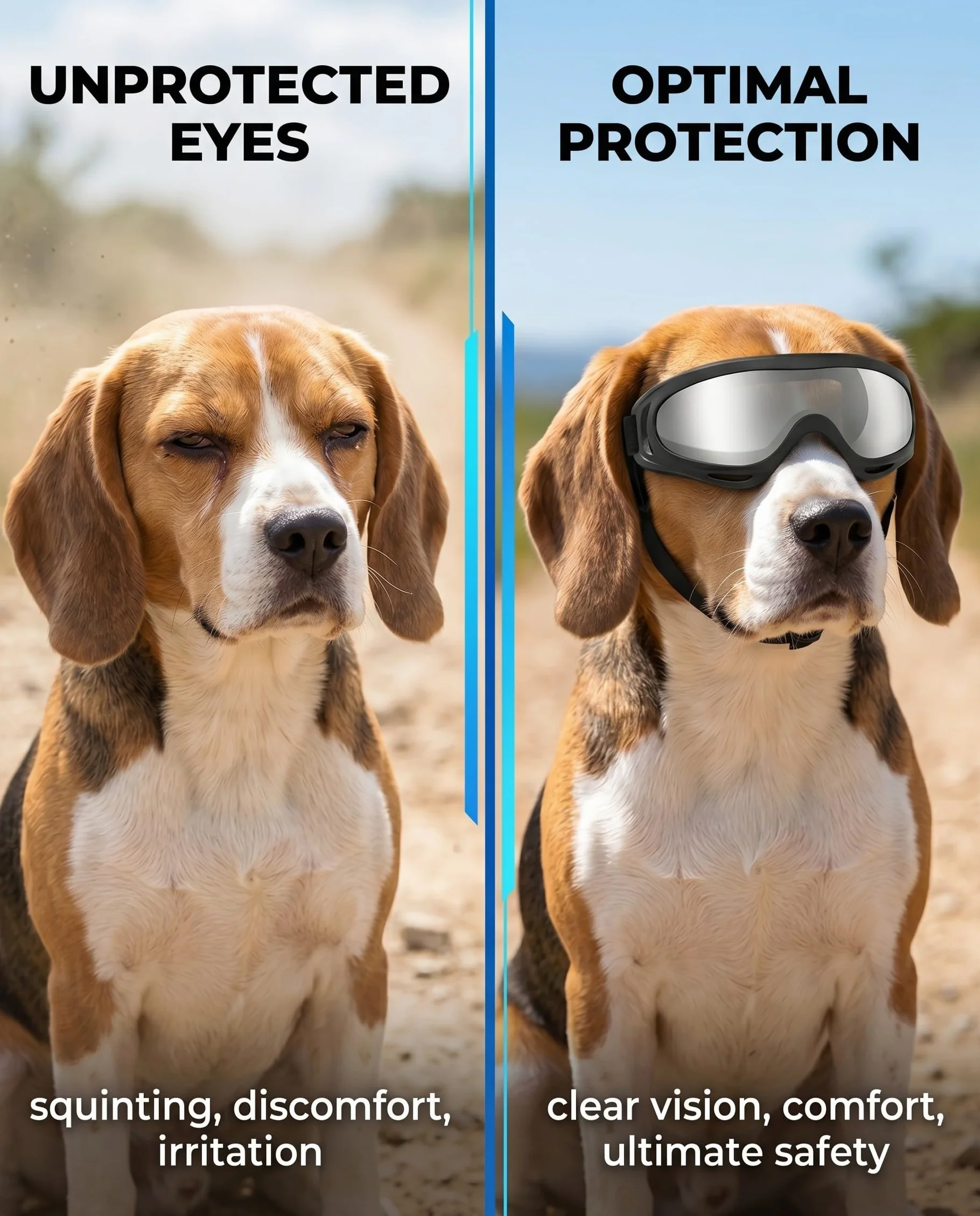 Occhiali per Cani Protezione UV, Occhiali da Sole per Cani Antivento per Cani di Taglia Media e Grande con Cinghie Regolabili, Maschera con Lenti Argentate per Guida Attività all'Aperto