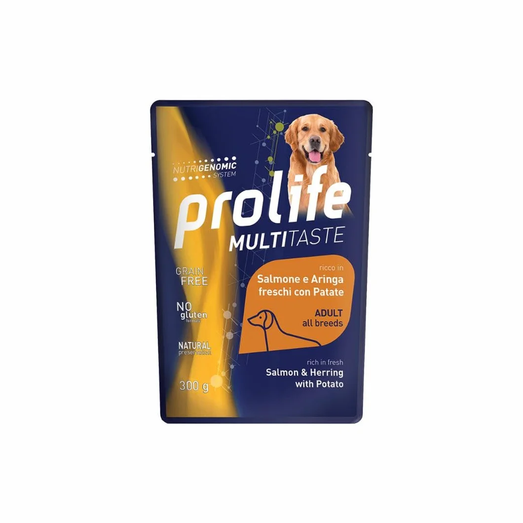 Prolife Umido Cane Multitaste 300gr, alimento completo di qualità per cani adulti di tutte le taglie, gusto SALMONE,ARINGA e PATATE | 6 bustine da 300 grammi l’una.