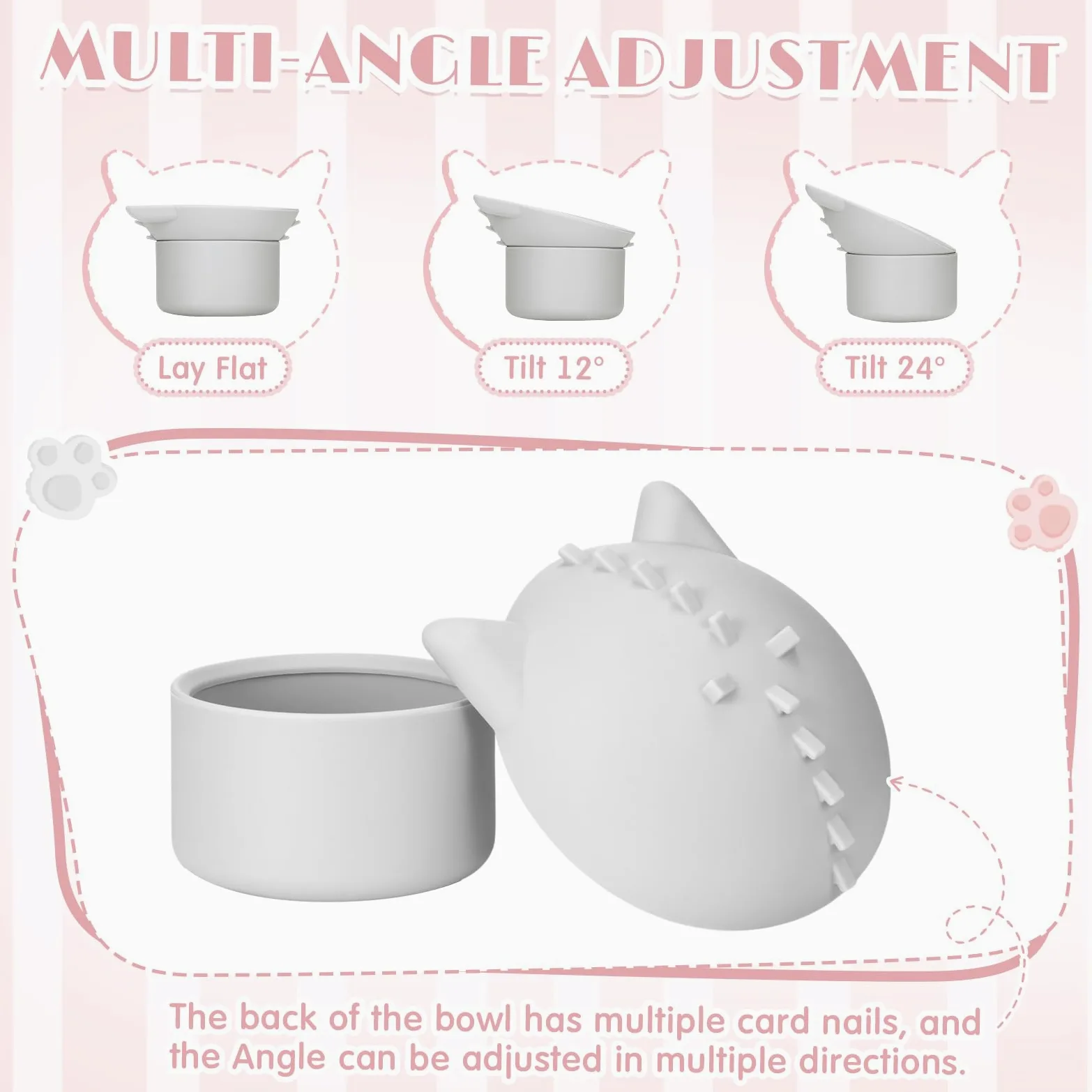 Funnymoom Confezione da 2 ciotole per gatti in silicone, per cibo secco e umido, design inclinato con base antiscivolo, angolo regolabile per animali domestici (grigio e rosa)