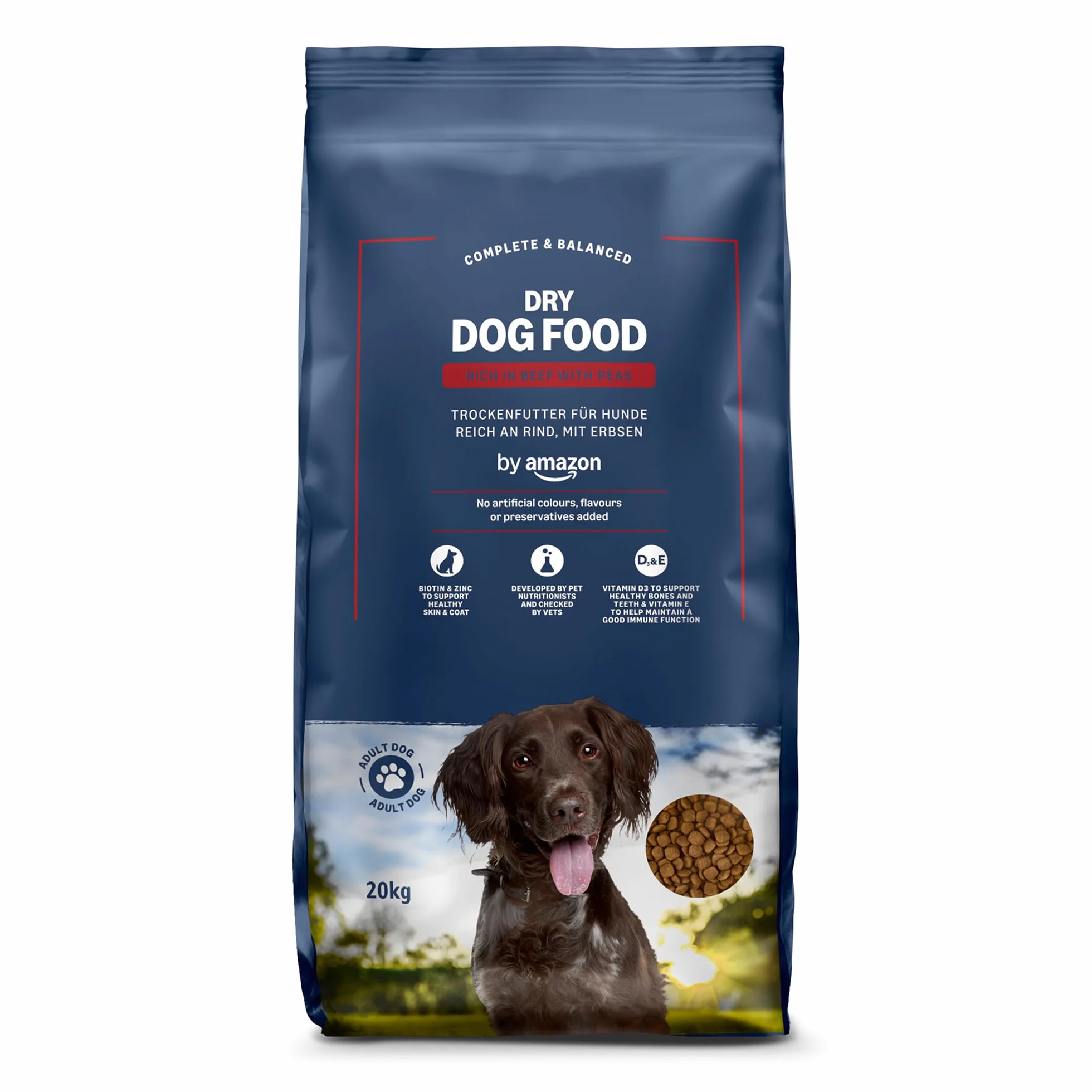 Amazon Alimento secco completo per cani adulti ricco di manzo con piselli 20 kg