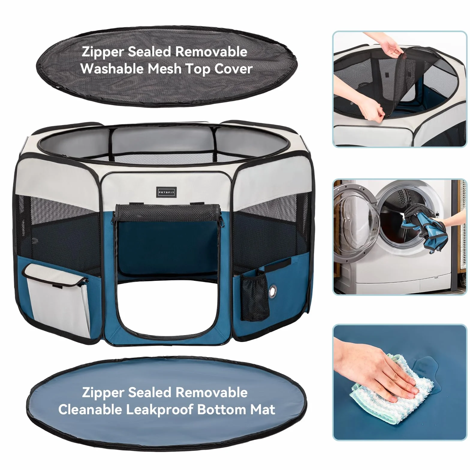PETSFIT Recinto per Gatti Pieghevole e Portatile, Pavimento impermeabile in Tessuto, Grigio e Blu, 75x68x42CM