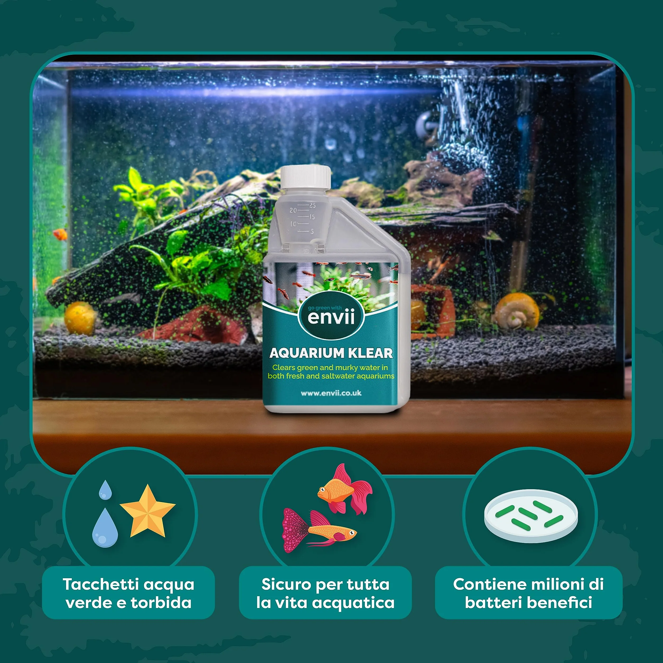 envii Aquarium Klear Antialghe Acquario Dolce Batteri Trattamento Acqua 500ml Tratta 4.000L Attivatore Batterico