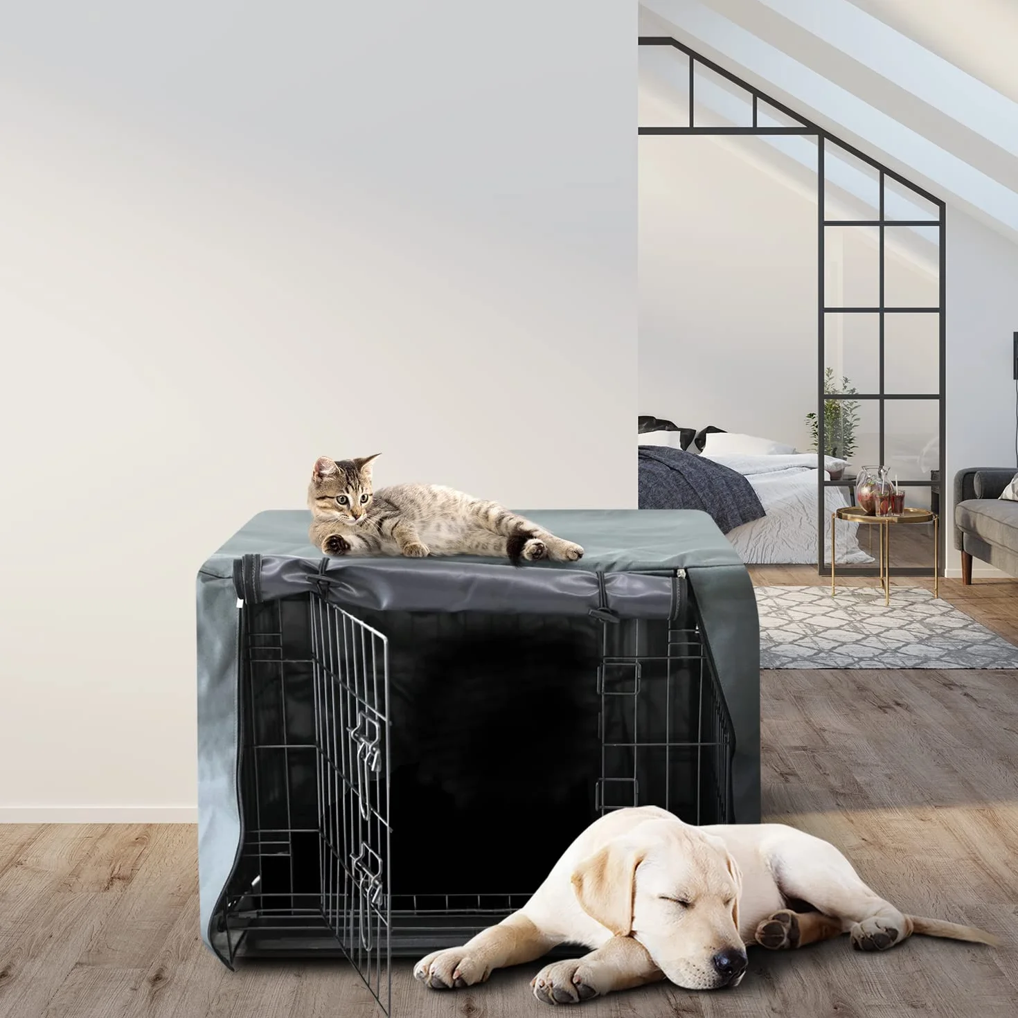 FurDreams Copertura antivento per gabbia cani 122 cm 2 porte anteriore laterale rete traspirante XXL