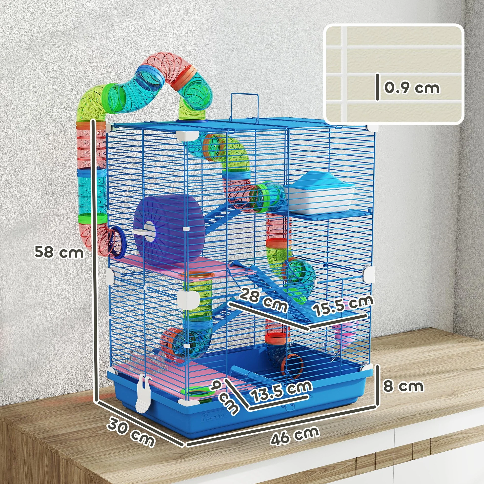 PawHut Gabbia per Criceti a 5 Livelli con Tubi, Ruota, Casetta, Scale e Bottiglia, Gabbietta per Roditori in Metallo e Plastica, 46x30x58 cm, Blu Scuro