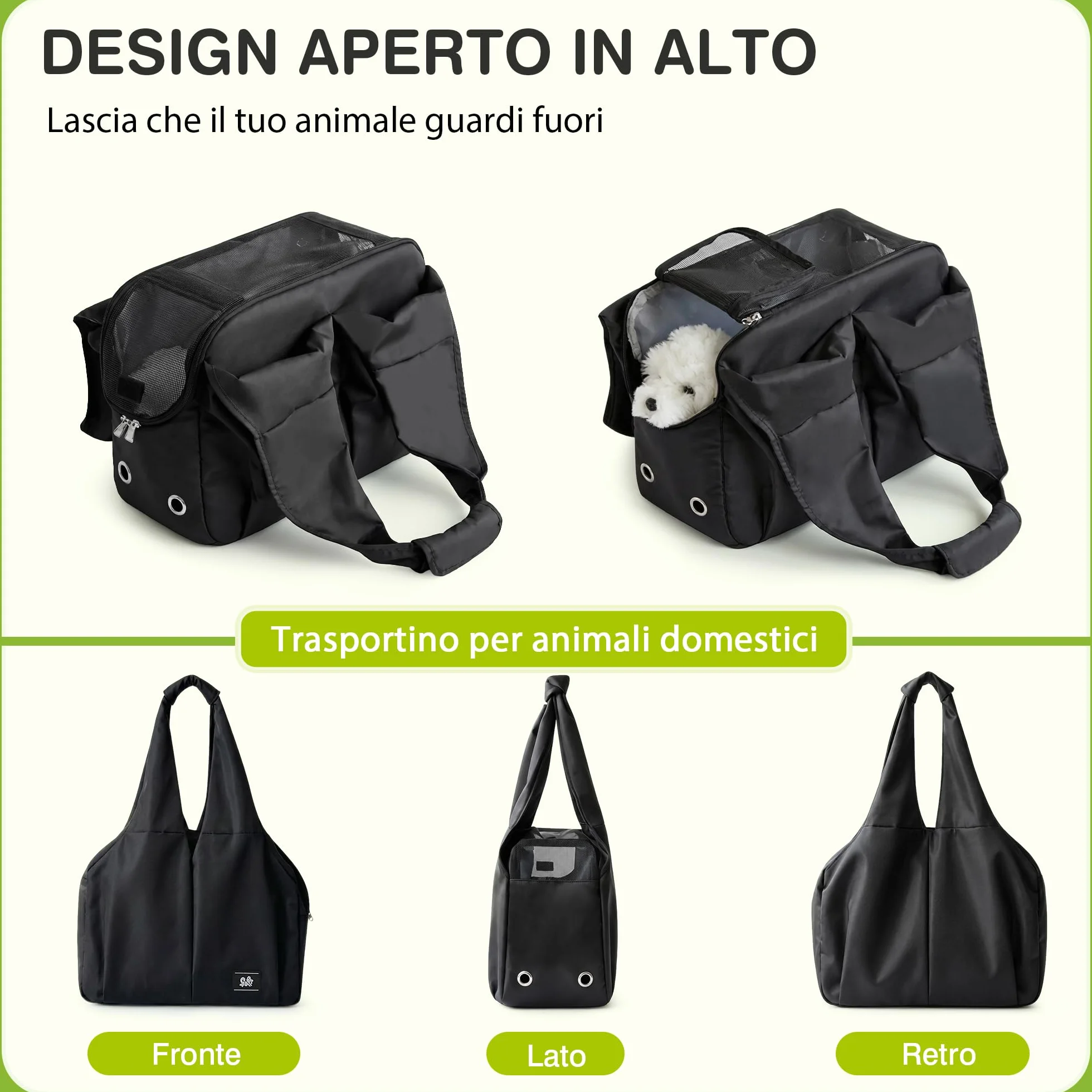 ALLSOPETS Borsa per Cani Taglia Piccola, Marsupio Traspirante Portatile con Gancio Guinzaglio, Nero Intenso