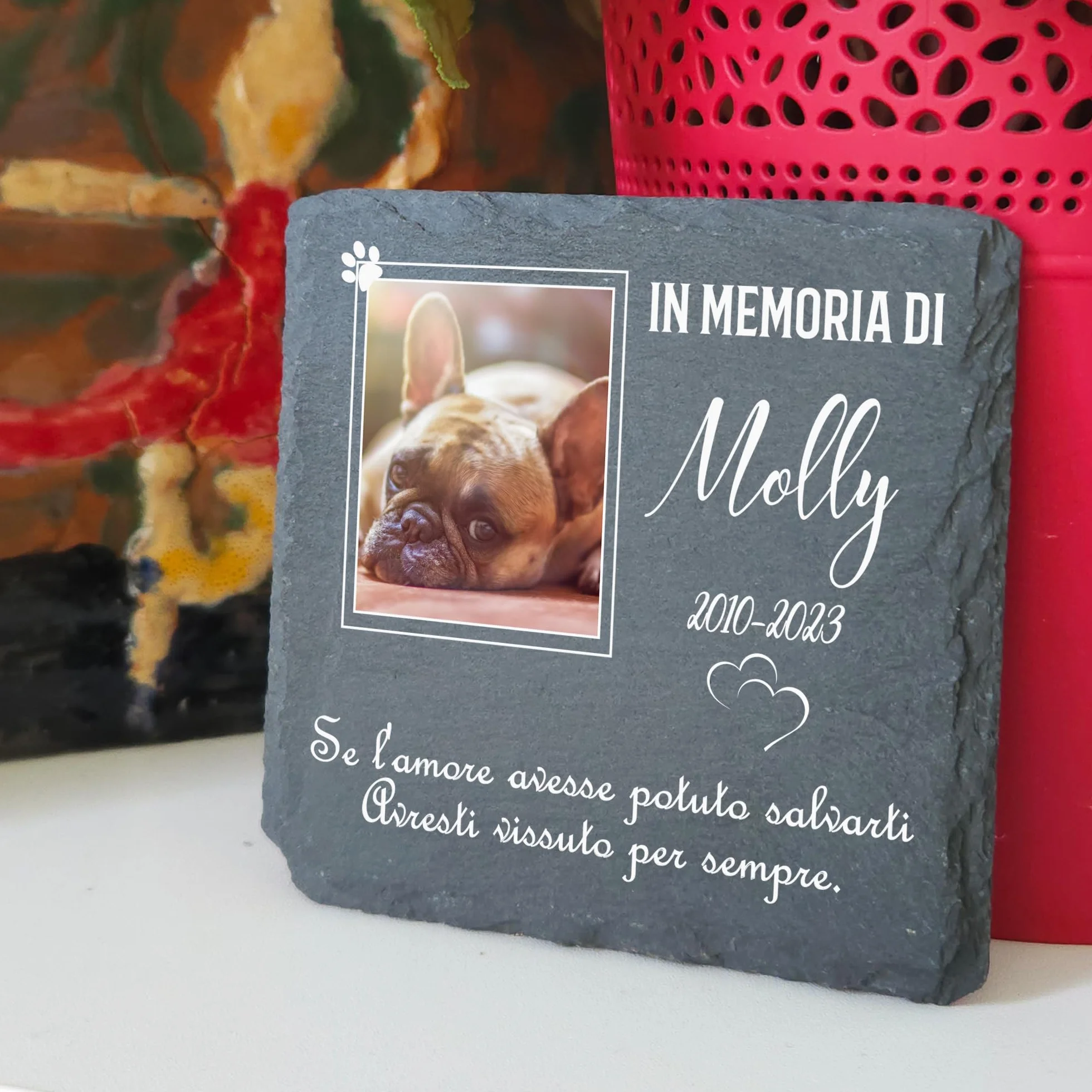 Targa commemorativa personalizzata per animale domestico in pietra d'ardesia 10x10 cm cornice bianca