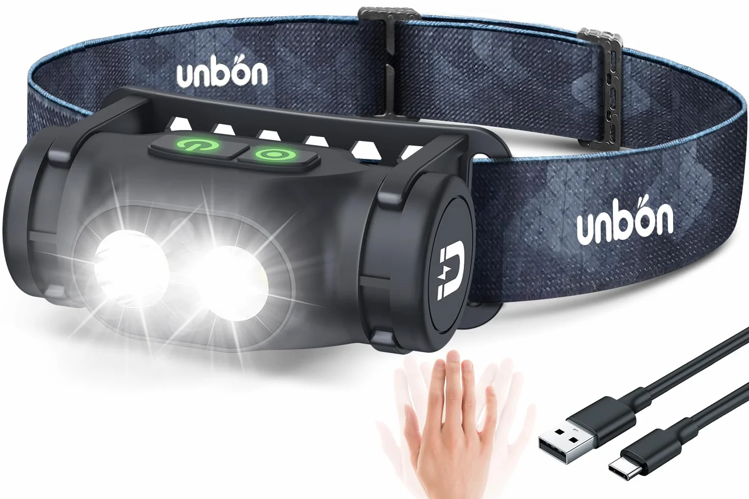 UNBON Torcia Frontale LED Ricaricabile USB C, IPX4 Impermeabile, Sensore di Movimento, Base Magnetica