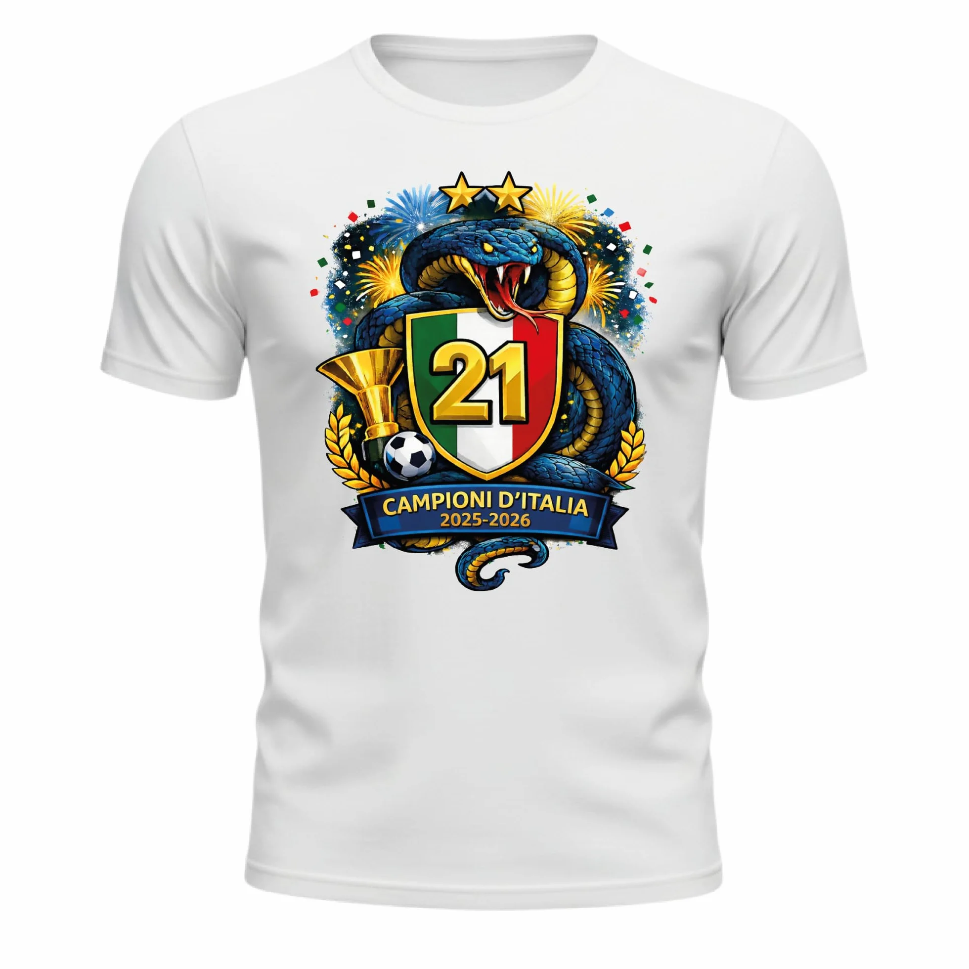 Generico Maglietta Celebrativa Campioni d’Italia 2025-2026 – Scudetto 21 – T-Shirt da Adulto Calcio con Stemma Tricolore, Trofeo e Serpente – Idea Regalo Tifosi