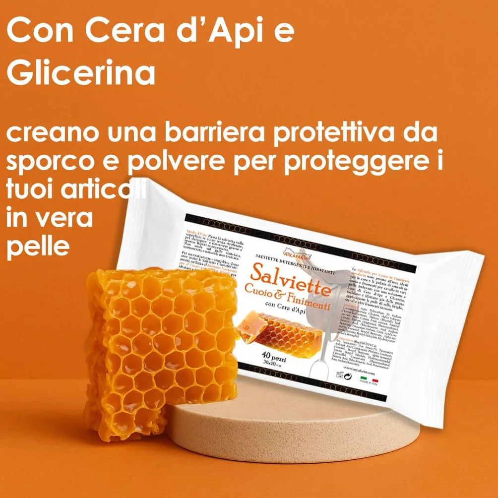 Salviette per Cuoio e Finimenti SAPOWIPE profumo Miele e Cera d'Api Arcafarm 40 Pezzi - Pulizia senza Acqua per pelle e cuoio, Selle, stivali e accessori Equitazione, azione idratante e nutriente