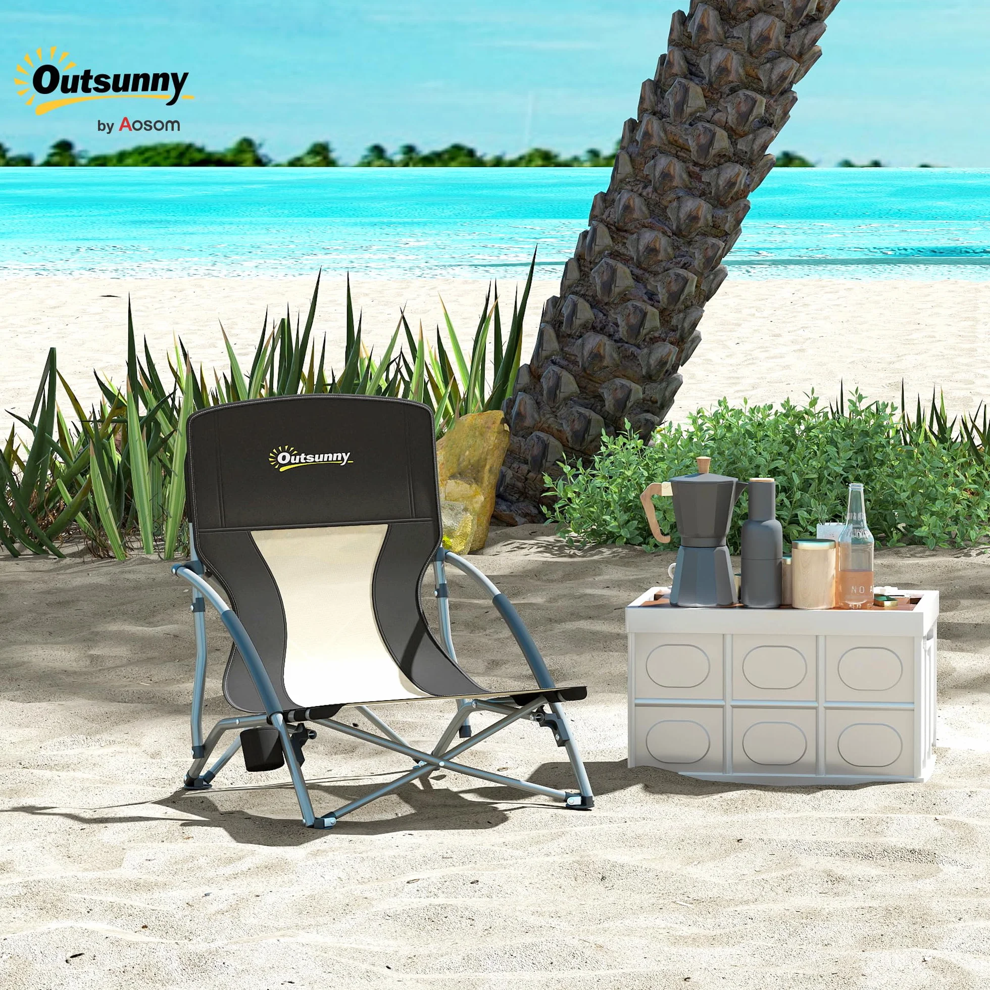 Outsunny Sedia da Spiaggia Pieghevole con Schienale a Rete e Braccioli, Portabicchieri, Borsa Trasporto, Nero
