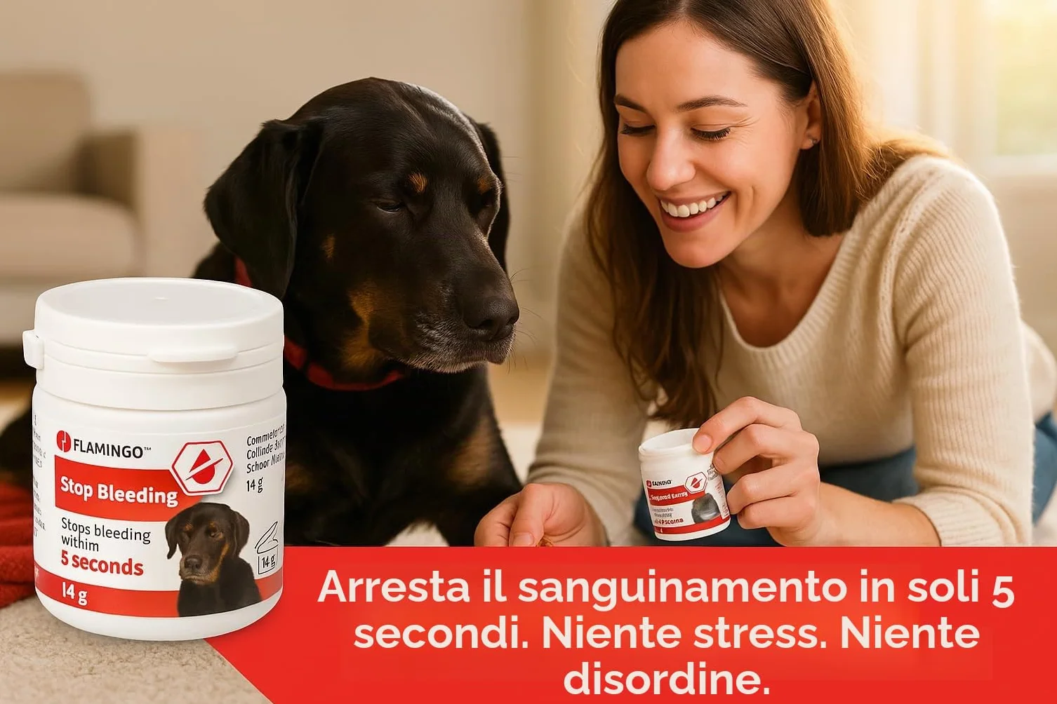 Flamingo Polvere Emostatica per Cani, Gatti e Piccoli Animali – arresta Il sanguinamento in 5 Secondi – per Unghie e ferite superficiali – Effetto lenitivo e disinfettante – Dalko