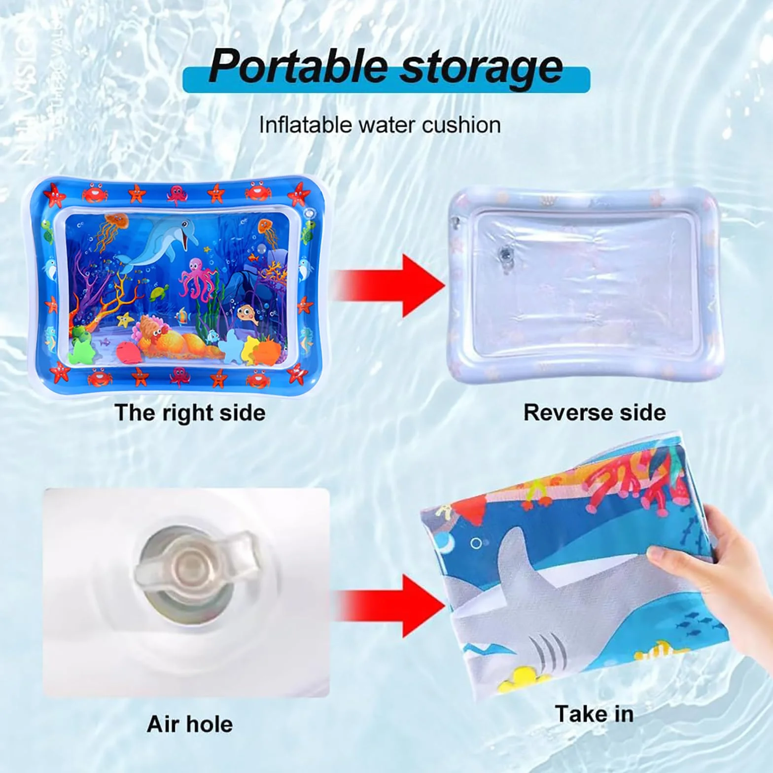 Vinuwu Tappetino gonfiabile ad acqua spesso e confortevole, 50 x 69 cm, delfino con 10 adesivi