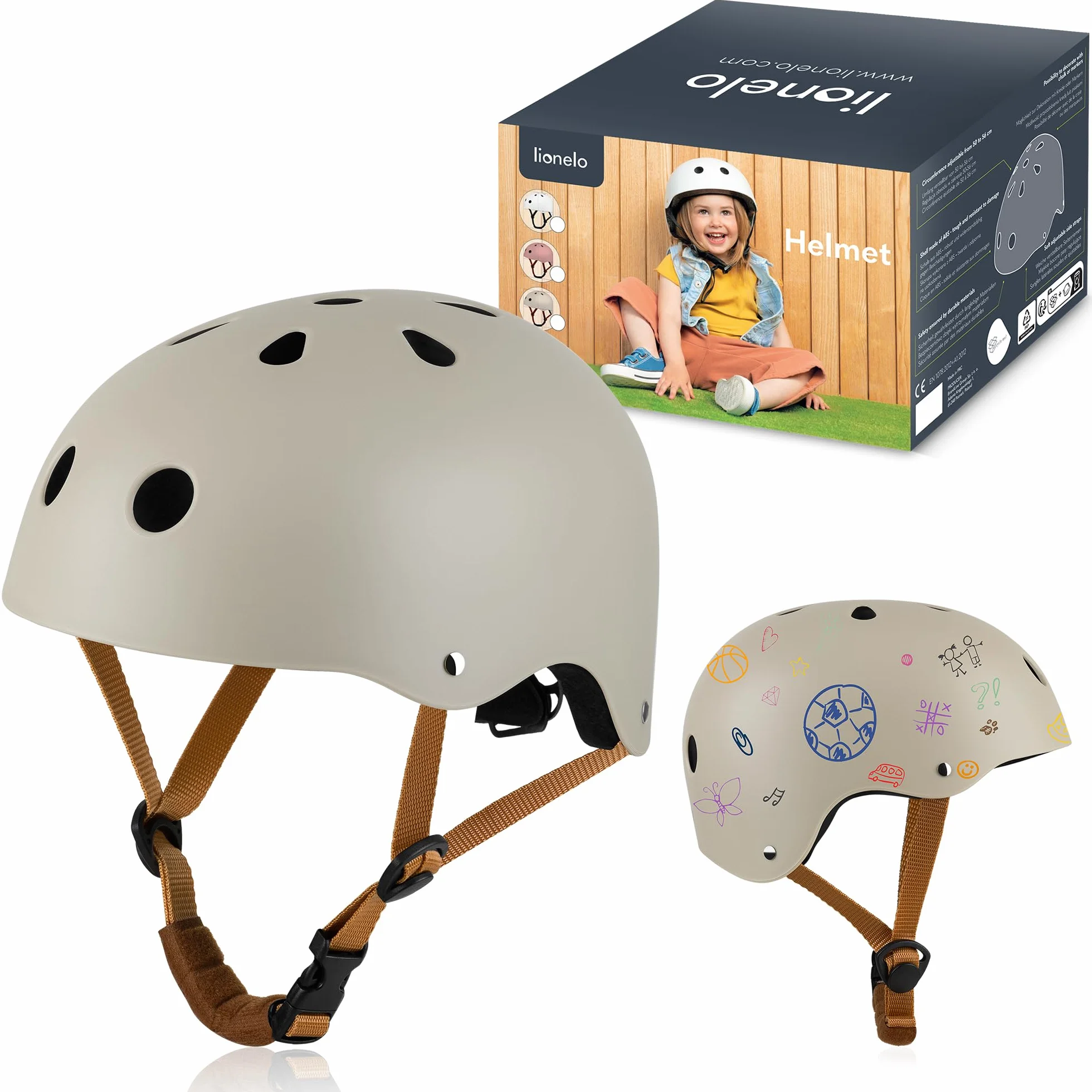Lionelo HELMET Avventura creativa Casco Bici per Bambini Taglia S Regolabile 50-56 cm Ventilato Decorazione Personalizzabile, ABS & EPS Certificato Intertek Sicurezza e Stile per Piccoli Esploratori