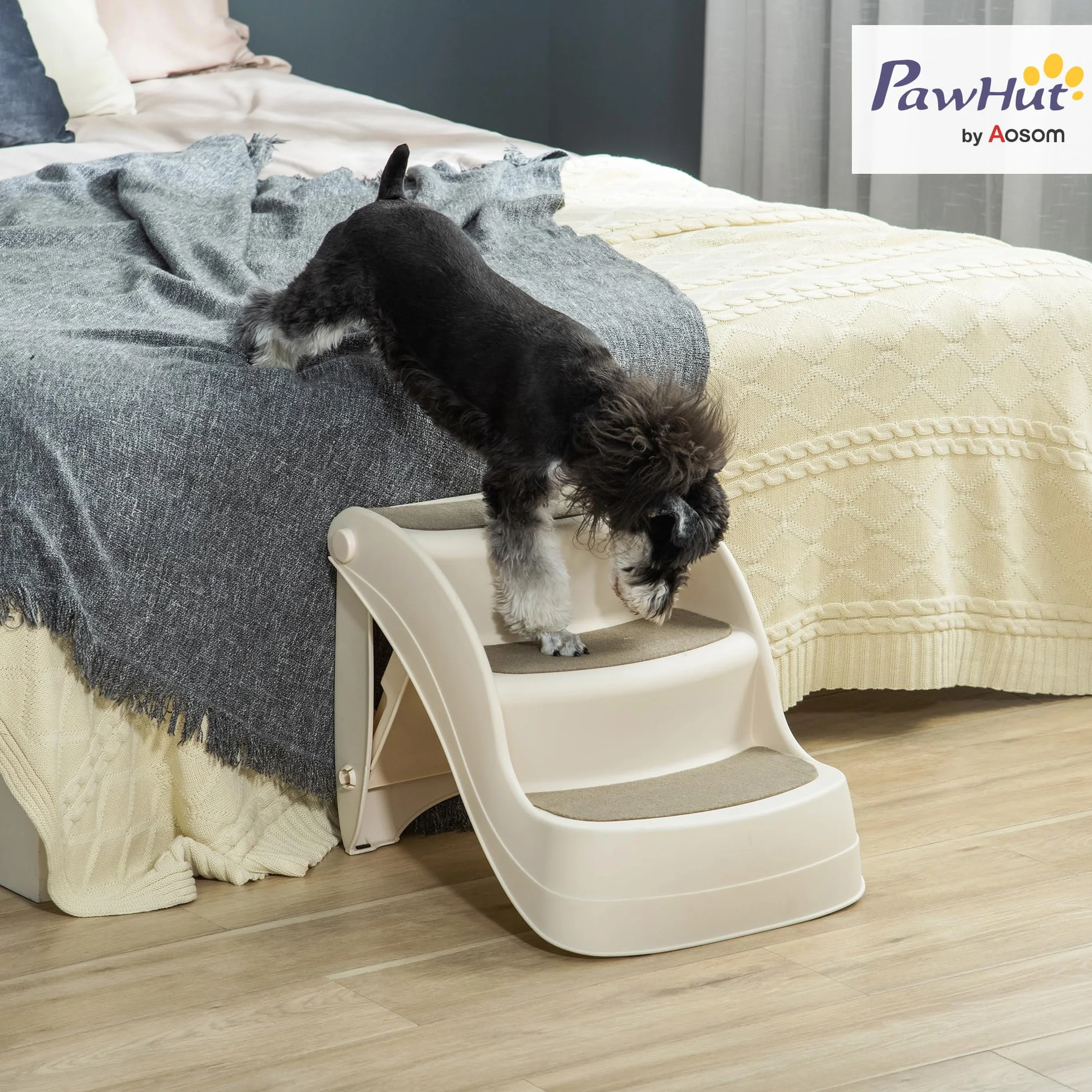 PawHut Scaletta per Cani Pieghevole 3 Gradini Antiscivolo 49x38x38 cm Beige