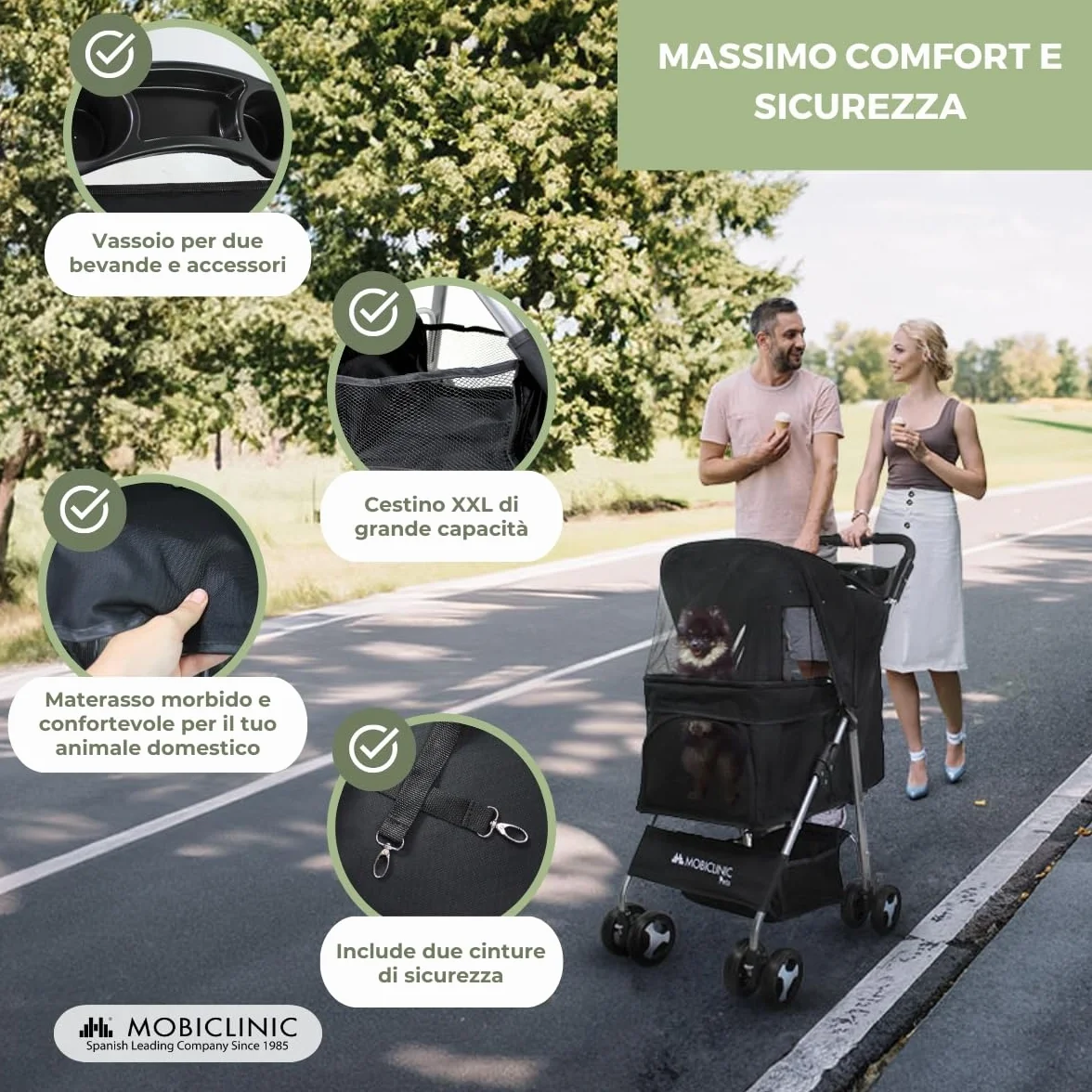 Mobiclinic Zuma Passeggino per cani fino a 15 kg Ruote con freni 360° Cestino xxl (nero)