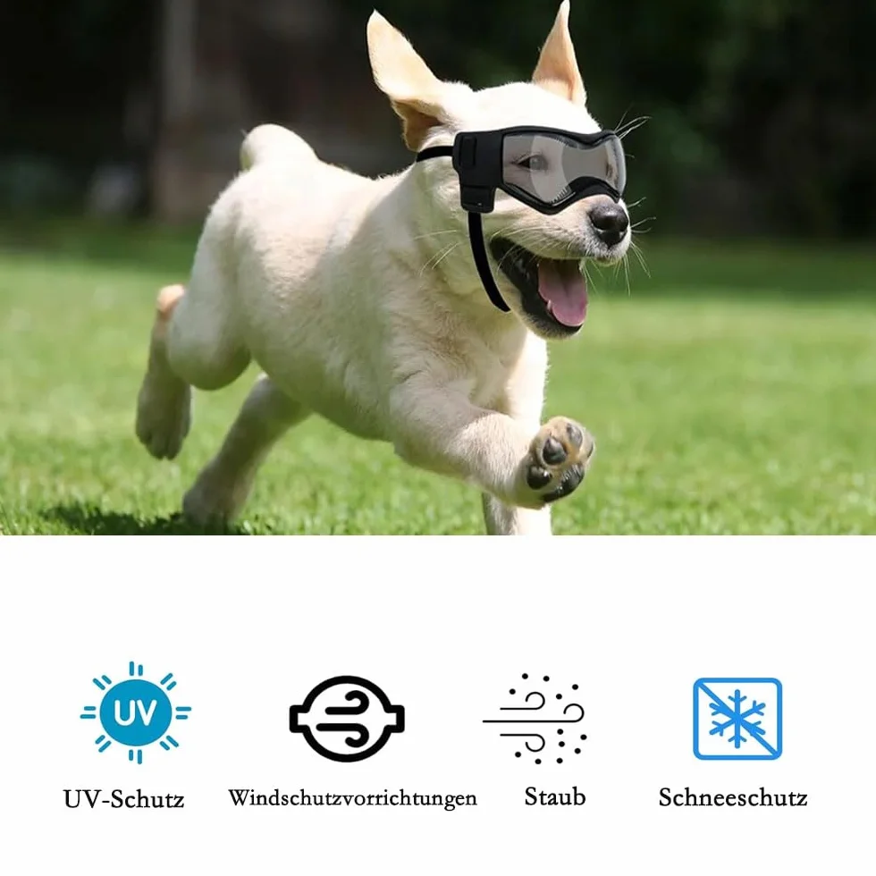 Voarge Occhiali da sole per cani, occhiali protettivi UV, occhiali da sole con fascia elastica regolabile, antivento per cani, occhiali da moto, nero, taglia S