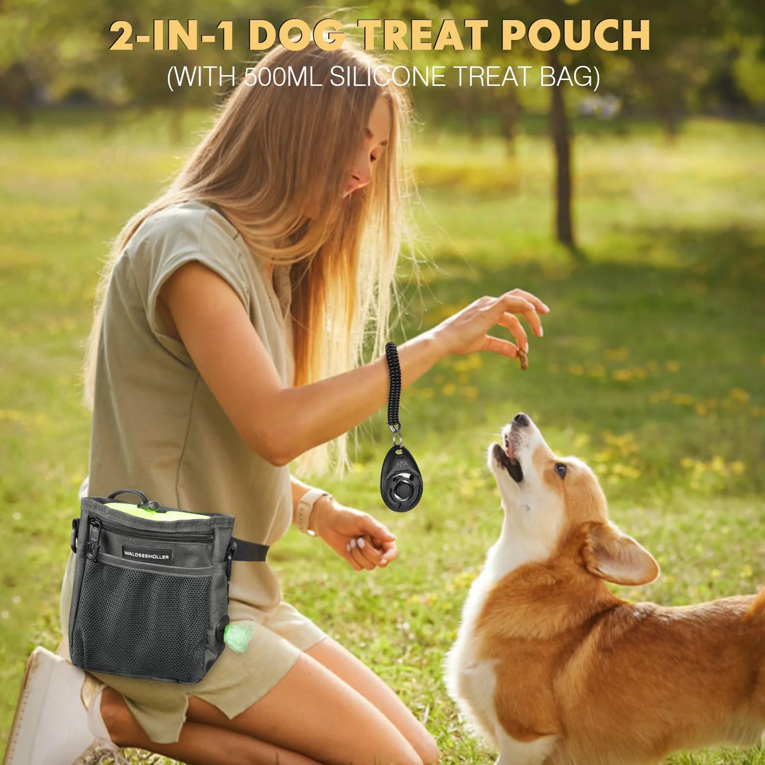 Waldseemüller Cane Snack Borsa, Borsa per Alimenti per Cani, Borsa Addestramento Cane Contenitore Cane Regolabile, Clicker di Addestramento, Sacchetto per Snack in Silicone
