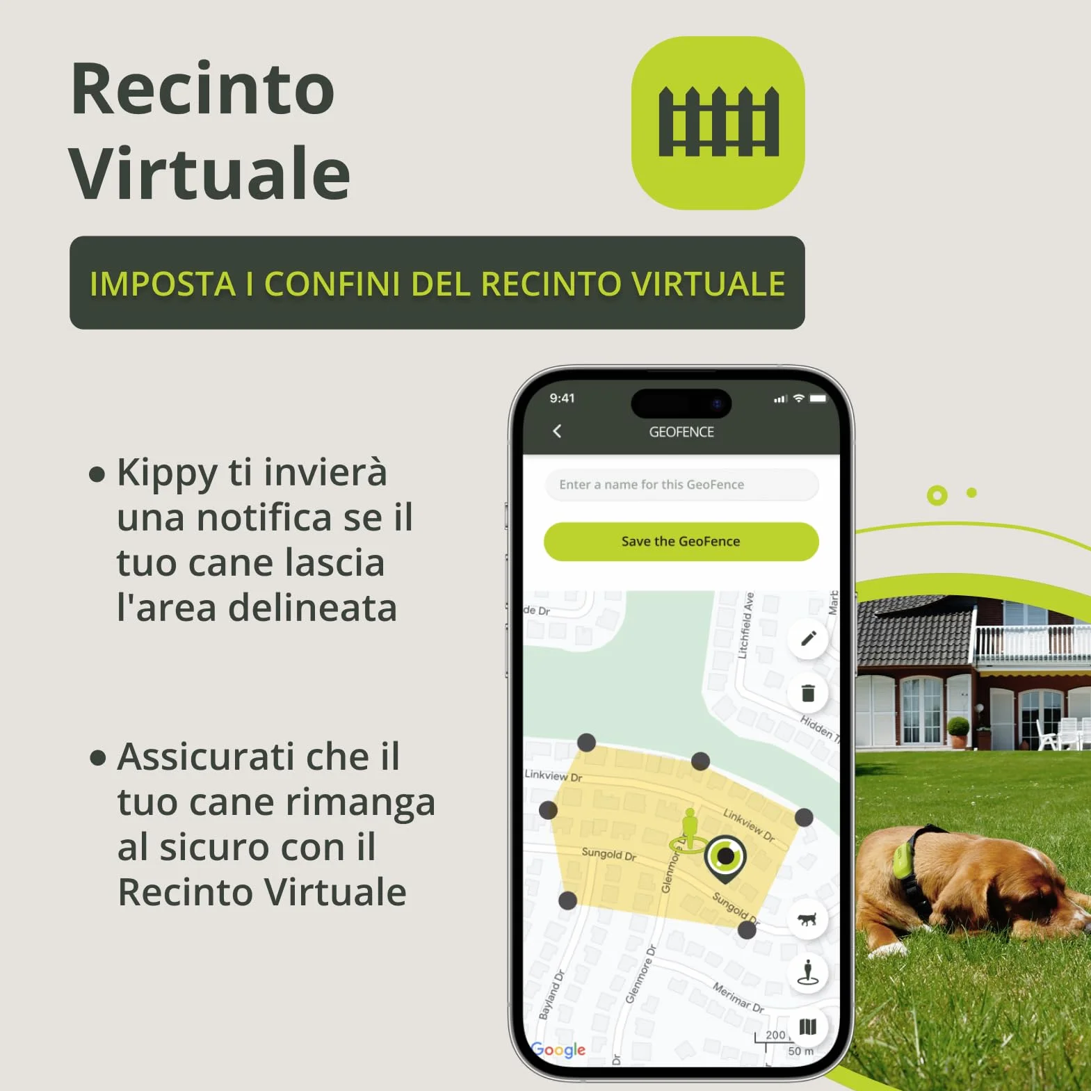 Kippy DOG | GPS per Cani - Localizzatore per Cani Impermeabile con GPS per Collare - Tracker di Attività e Salute del Tuo Cane, con Recinto Virtuale e Notifiche - Colore Verde