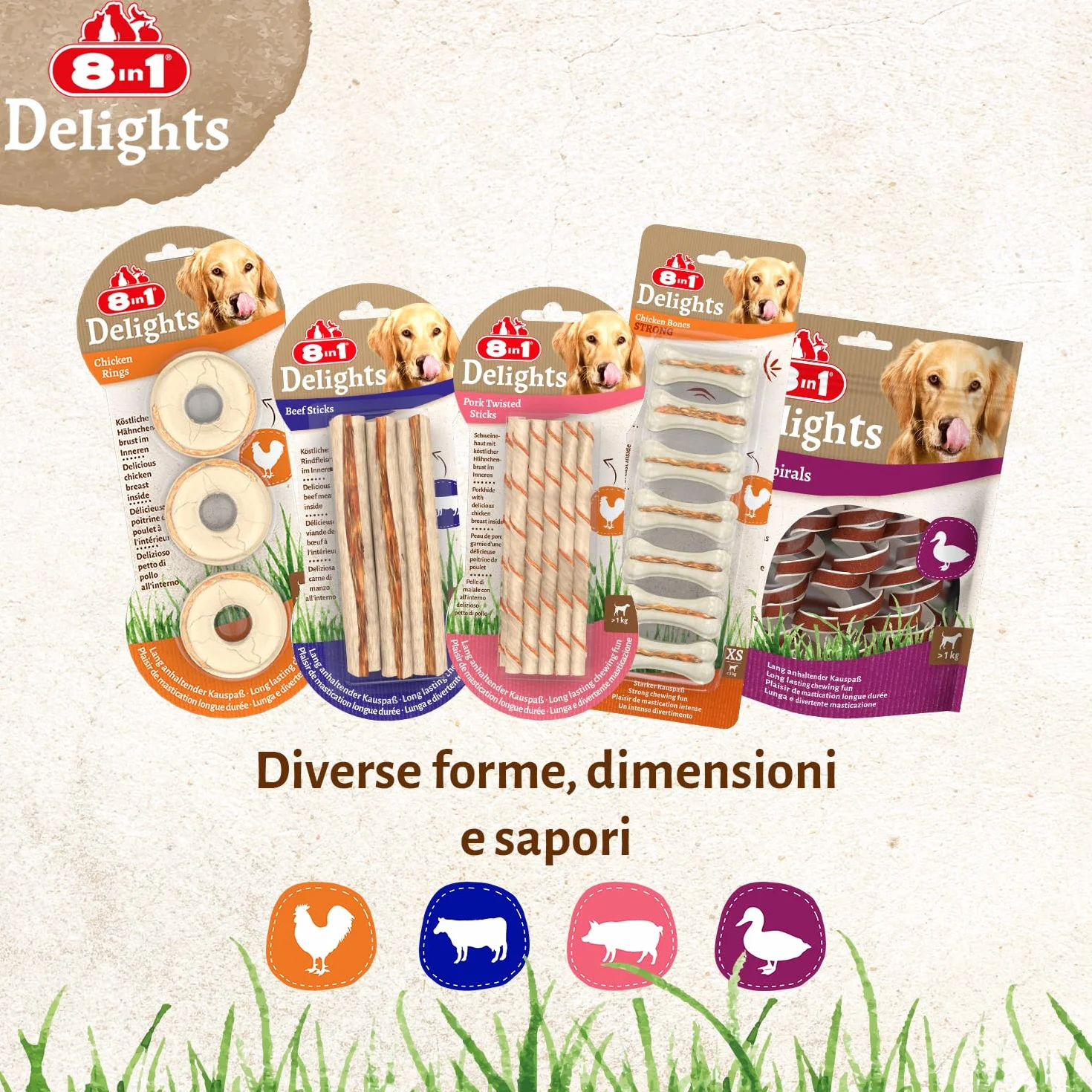 8in1 Delights Duck Spirals - Snack masticabile sano per cani, carne di anatra di alta qualità avvolta in pelle di manzo, 6 pezzi