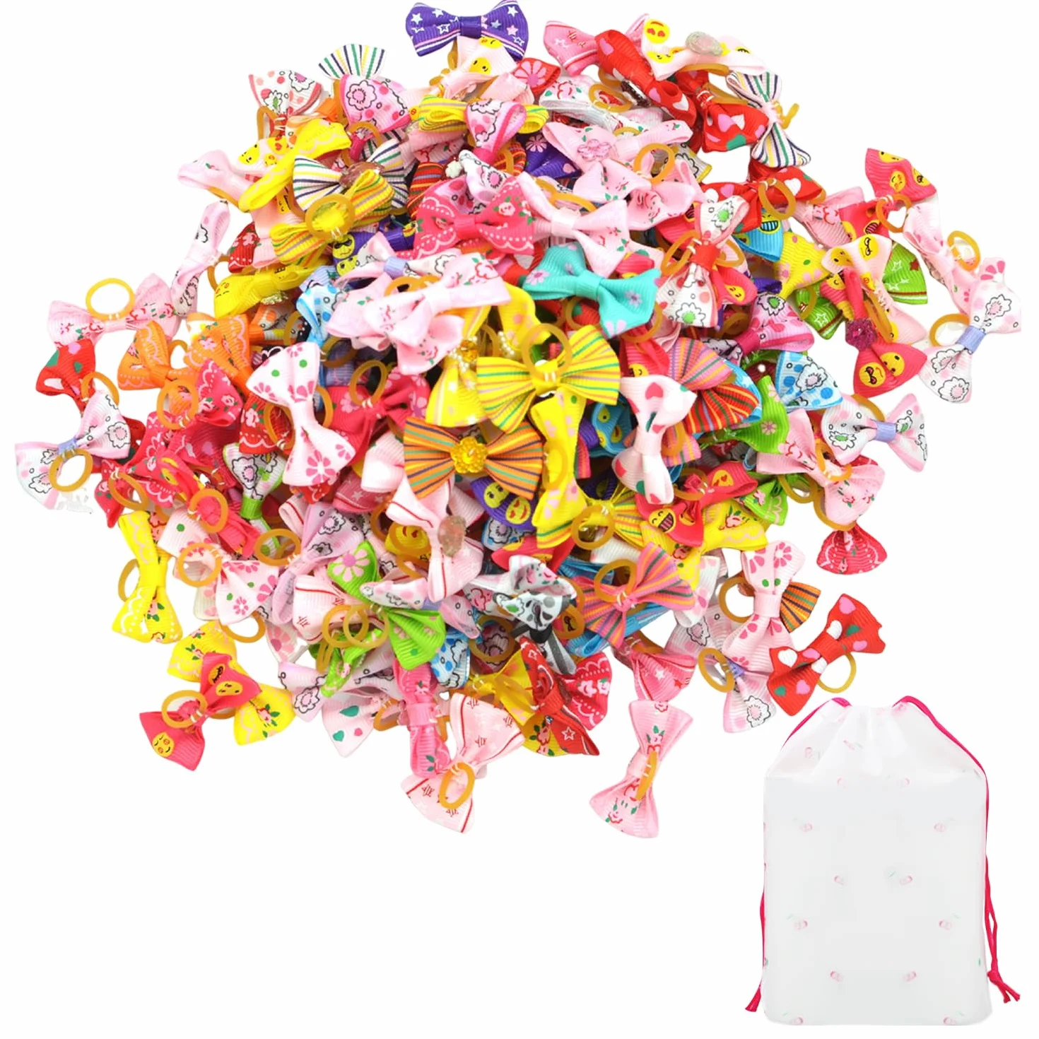 100 corde per capelli con fiocco, 1 borsa portaoggetti, accessori per capelli di animali, elastici creativi per cani, elastici per animali domestici, accessori per copricapo per gatti