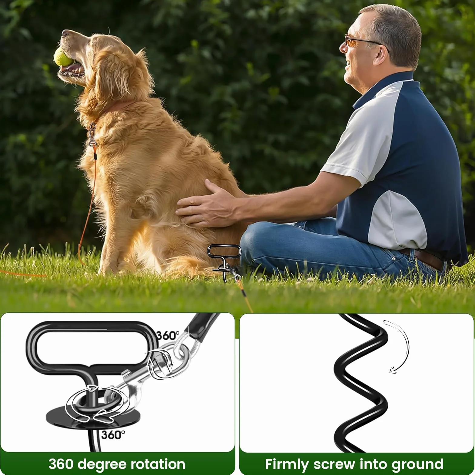 Picchetti per Cani, Modello a Spirale Trapezoidale Ancoraggio per Cani Terra, Anti-impigliamento a 360° Resistente Picchetto per Canis, per Esterni, Giardino, Cortile（Nero）