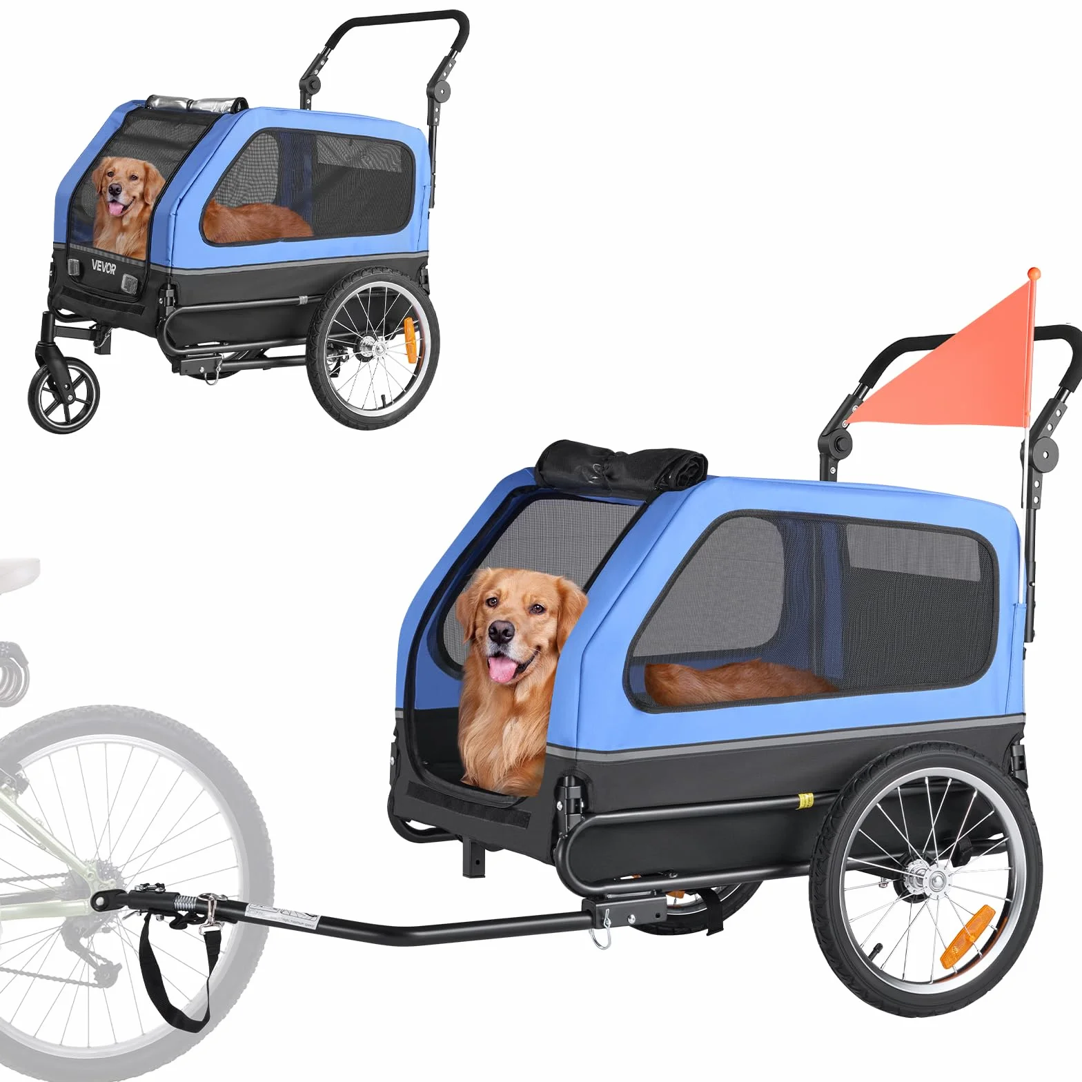 VEVOR Rimorchio per Bici per Cani, Supporta Fino a 40 kg, Carrello Portabici, Telaio Pieghevole Facile con Ruota a Sgancio Rapido, Attacco Universale per Bicicletta, Guinzaglio Interno