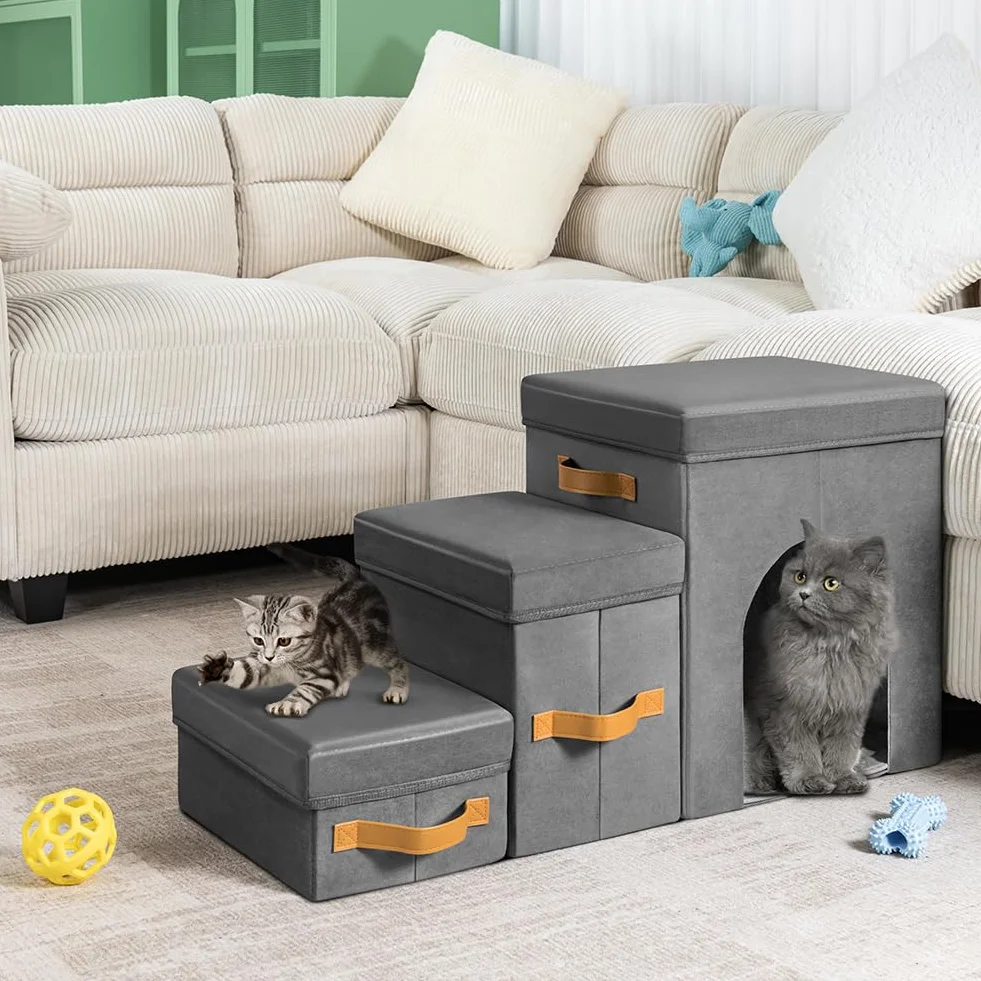 BAKAJI Pieghevole Scala per Cani e Gatti 3in1 Velluto Grigio, Scaletta per Animali Domestici Multifunzione con Contenitore e Cuccia, Antiscivolo