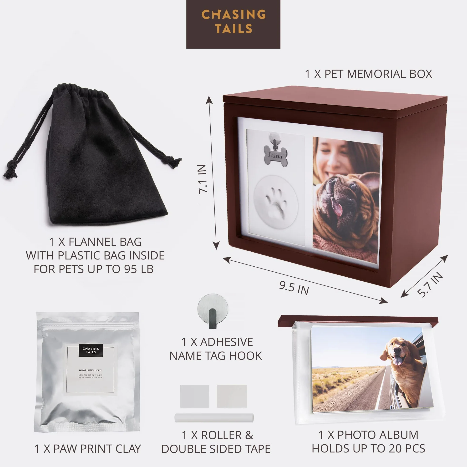 Chasing Tails Urne Commemorative per Cani per Ceneri – Urne Commemorative per Cani per Ceneri Personalizzate, urne per Gatti per Ceneri per Cani Piccole – Include Kit per Stampa di Zampe, Cornice e