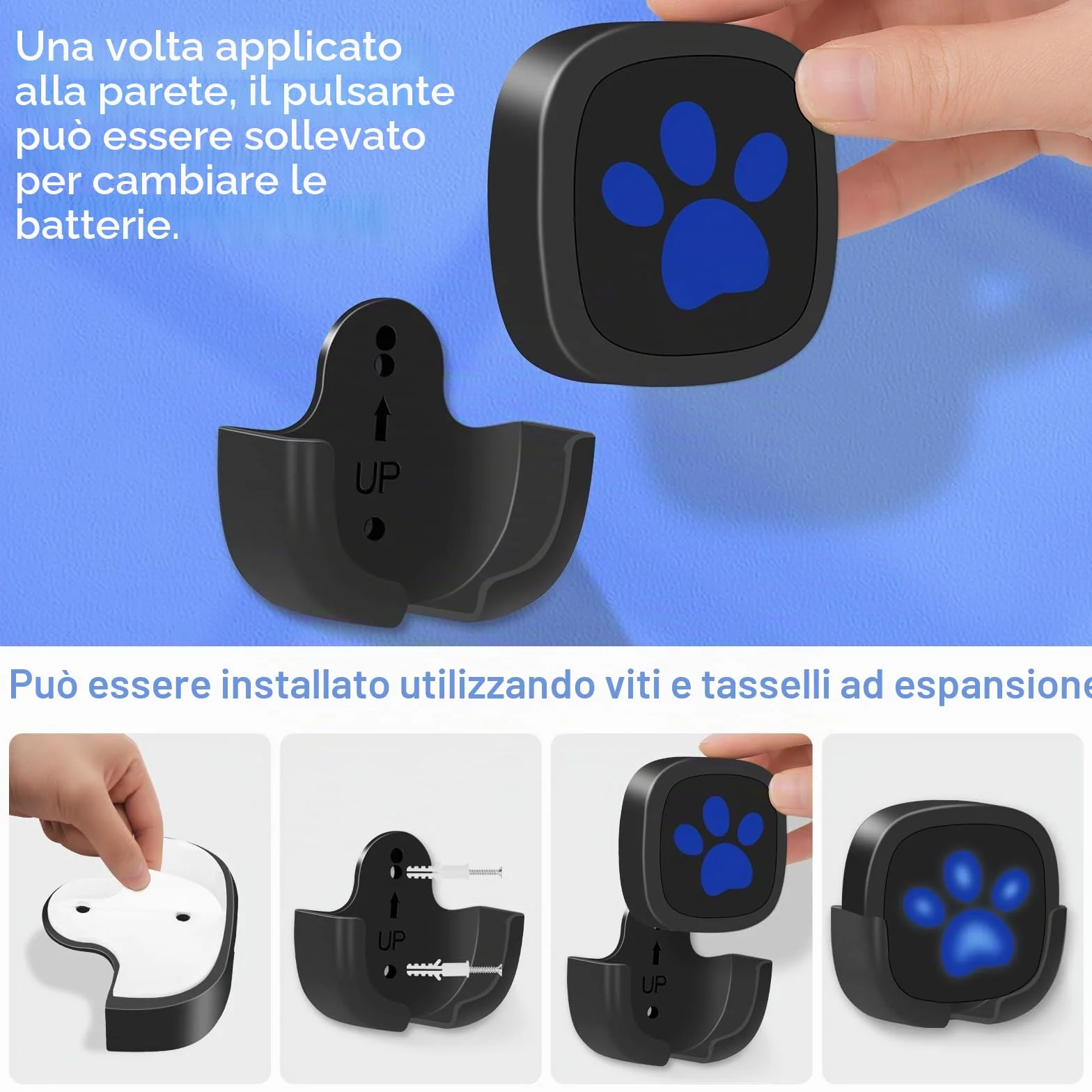 Campanello per Cani Whimsii, Campanello Wireless per Uscire, Pulsanti Impermeabili IP55, 55 Melodie, 4 Livelli di Volume e Portata di 950 Piedi (Nero, 1 Ricevitore, 2 trasmettitori)