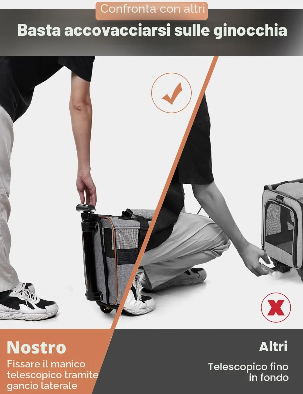 Trasportino per cani e gatti, con ruote, per il trasporto, per auto, con manico telescopico e tracolla, grigio