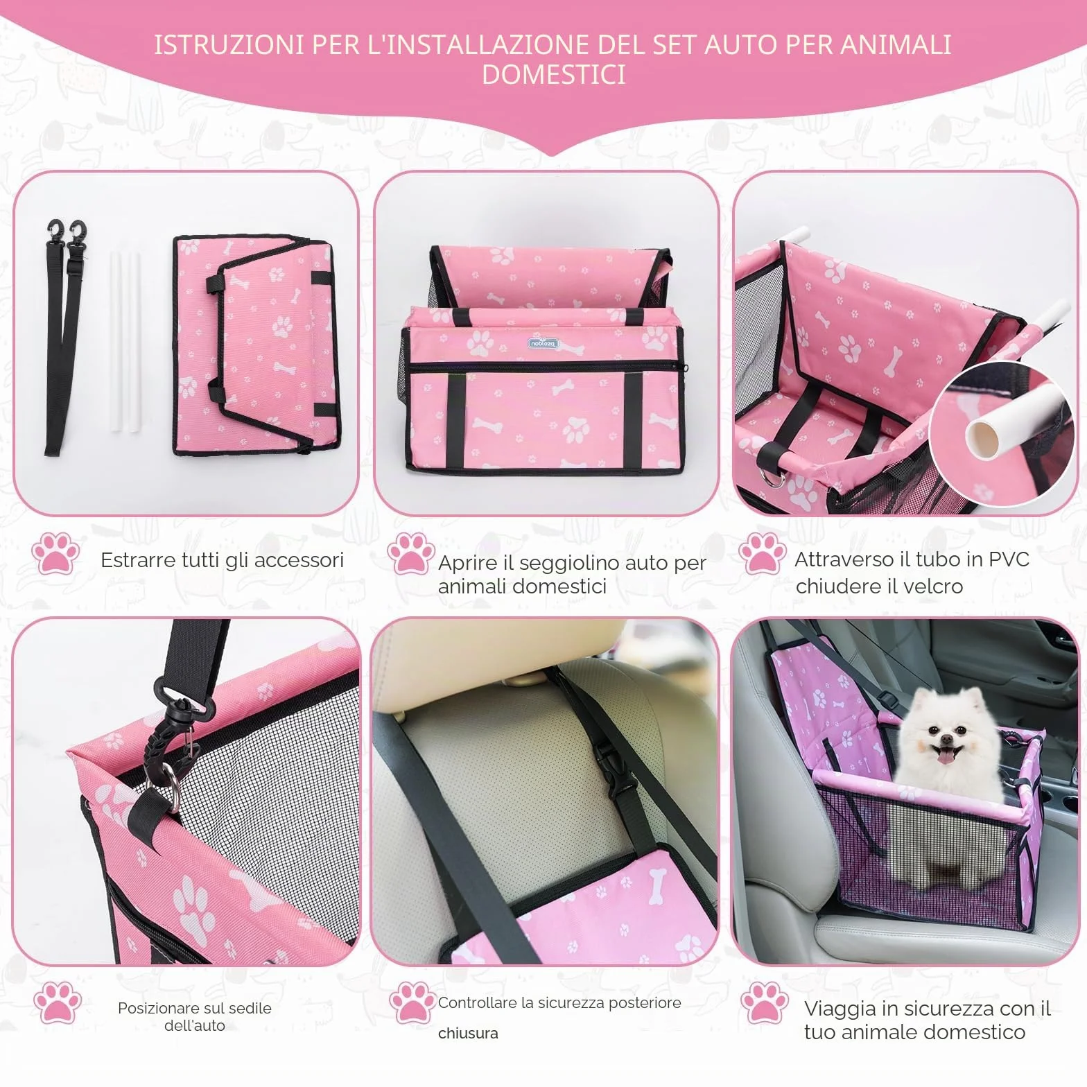 Nobleza Seggiolino Auto per Cani Piccola Taglia e Gatti, Trasportino Cane Auto, Impermeabile, Pieghevole, Rete Traspirante, 40x34x25cm, Rosa