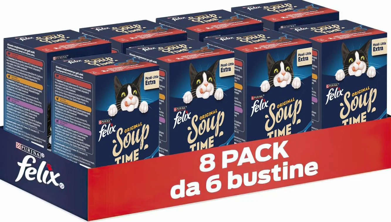 Purina Felix Soup Original Cibo Umido per Gatti con Manzo, Pollo e Agnello, 8 Confezioni con 48 Buste da 48g