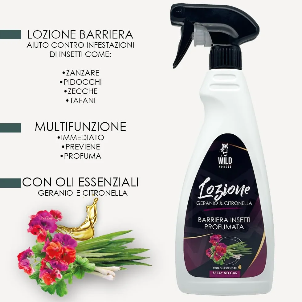 Wild Horses Lozione Spray Repellente Zanzare e Antiparassitario per Cavalli 500ml Naturale Made in Italy Geranio e Citronella