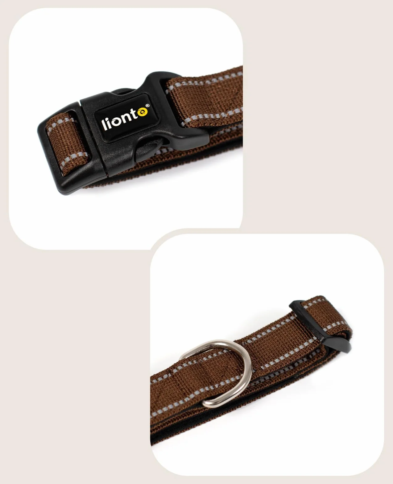 lionto Collare per cani imbottito in nylon riflettente impermeabile regolabile, taglia S, marrone