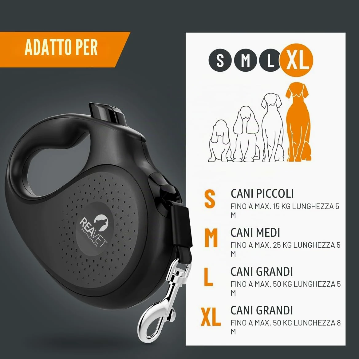 ReaVET Guinzaglio retrattile, 8 m, per cani di grossa taglia (XL), manico ergonomico e antiscivolo, guinzaglio per cani retrattile, robusto guinzaglio estraibile con sistema di arresto dei freni,
