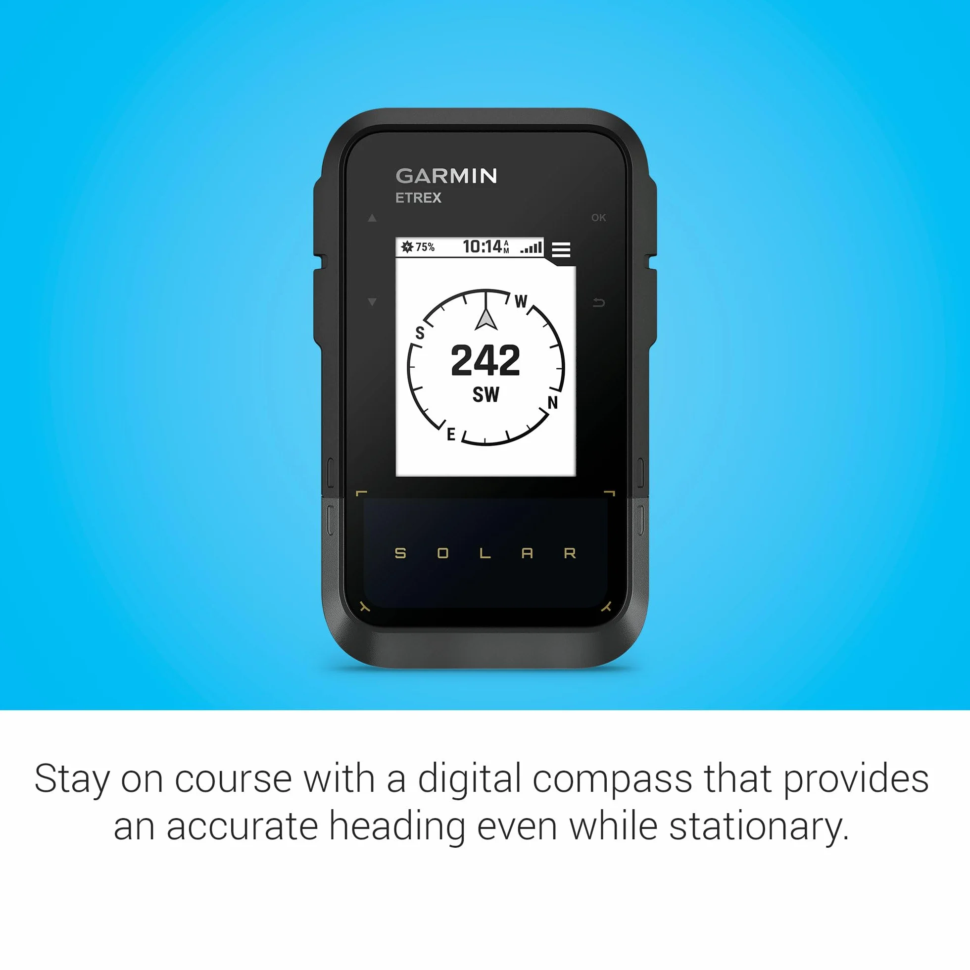 Garmin eTrex Solar, GPS portatile, Ricarica solare, Autonomia potenzialmente infinita, GPS doppia frequenza, Display da 2,16", Garmin Explore, Bussola elettronica, Geocaching Live, Black