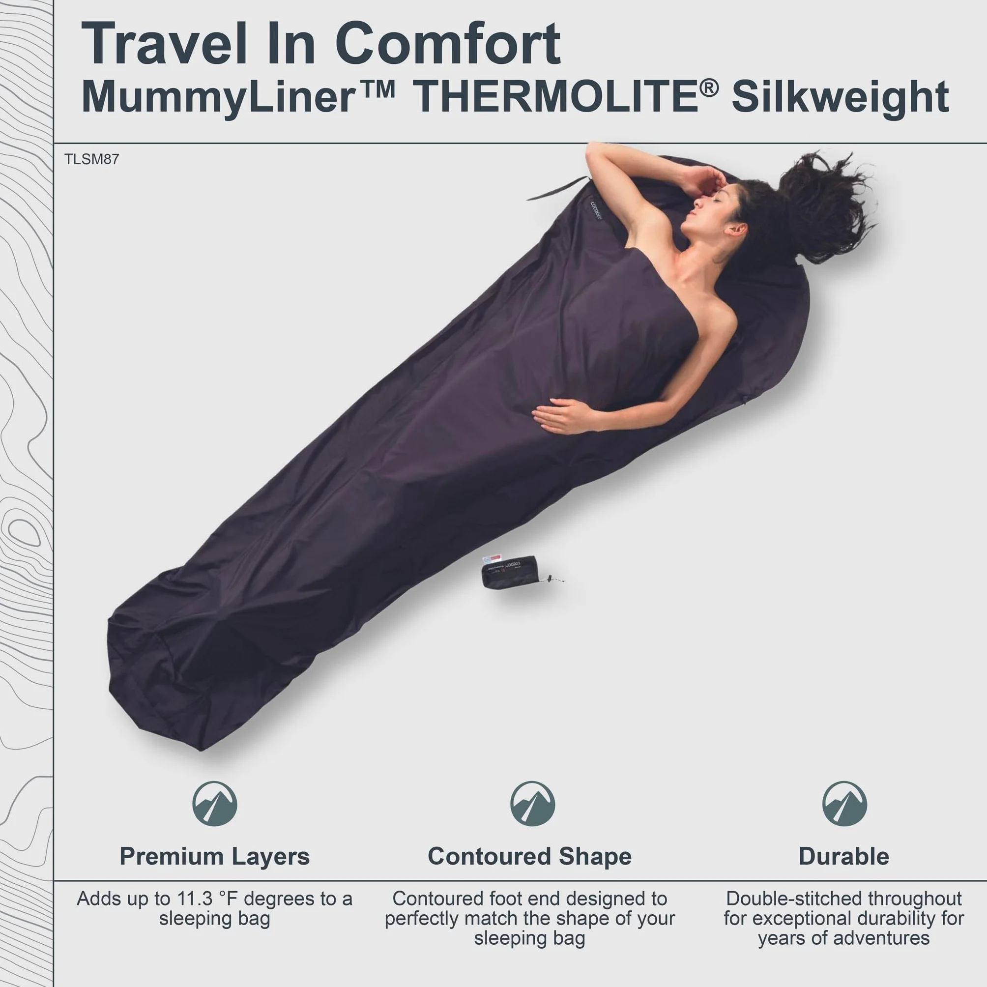 Cocoon Lenzuola per Sacco a Pelo Thermolite Mummyliner, 241x90 cm, Volcano Grey