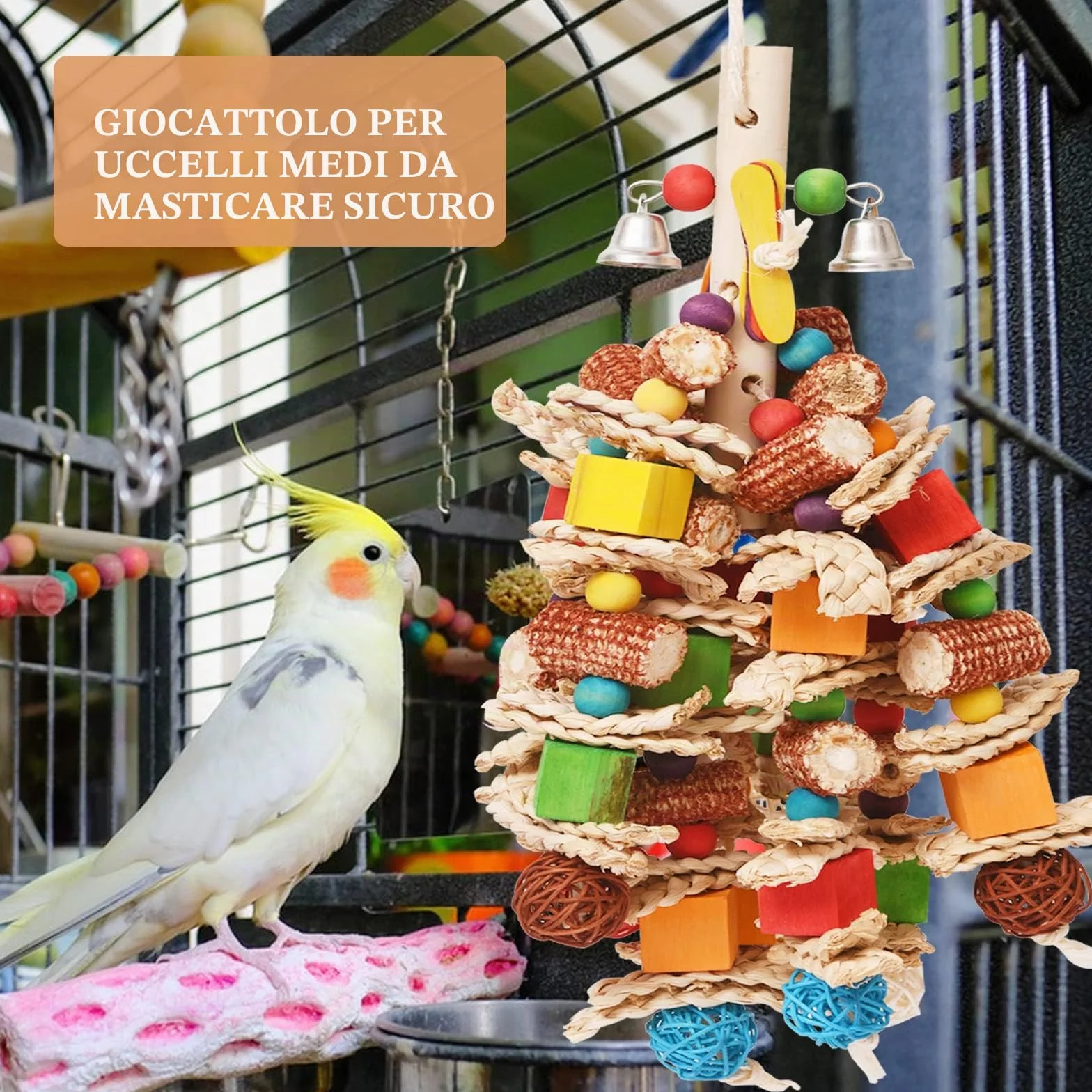 Giocattoli per Pappagalli in Corda con Campanelle per Gabbia da Masticare per Cockatiels e Pappagallini
