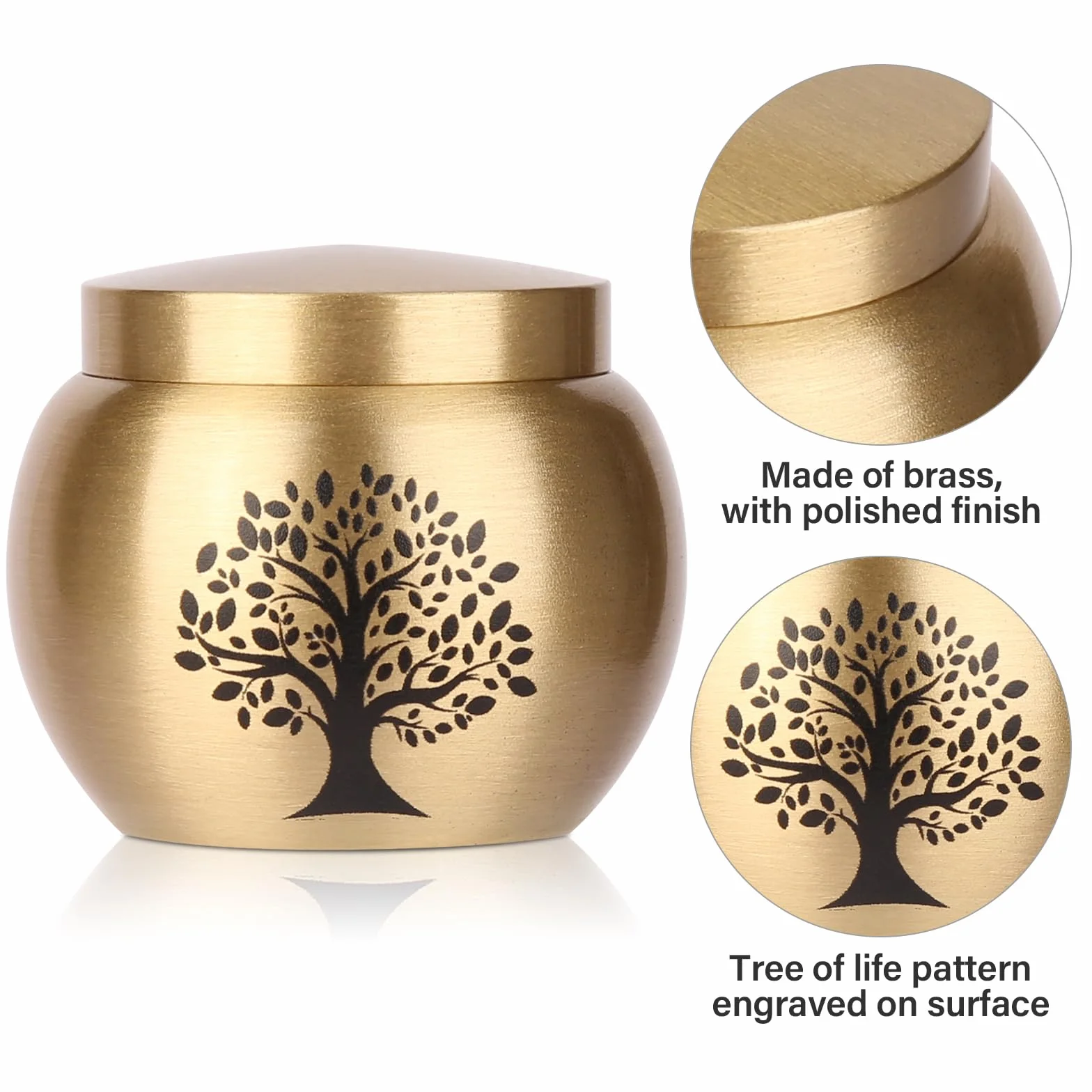 Set di 1 piccola urna per le ceneri umane, in ottone con motivo albero della vita, mini urna per ceneri adulte, donne, animali domestici, può contenere fino a 2,3 pollici cubi