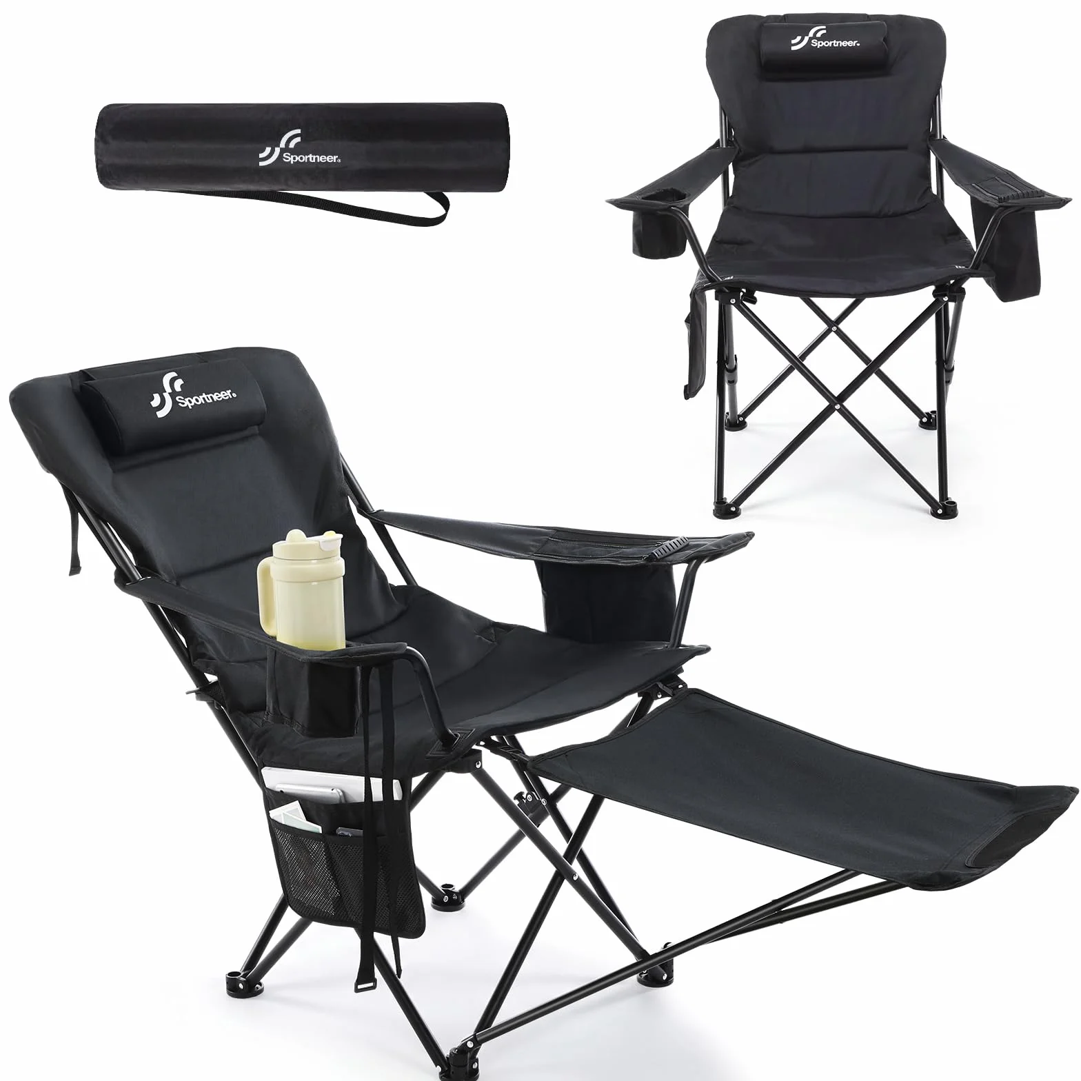 Sedia da campeggio pieghevole e sedia a sdraio pieghevole 2 in 1, sedia da spiaggia con schienale regolabile in 4 posizioni, sedia da campeggio con poggiapiedi con borsa termica per campeggio
