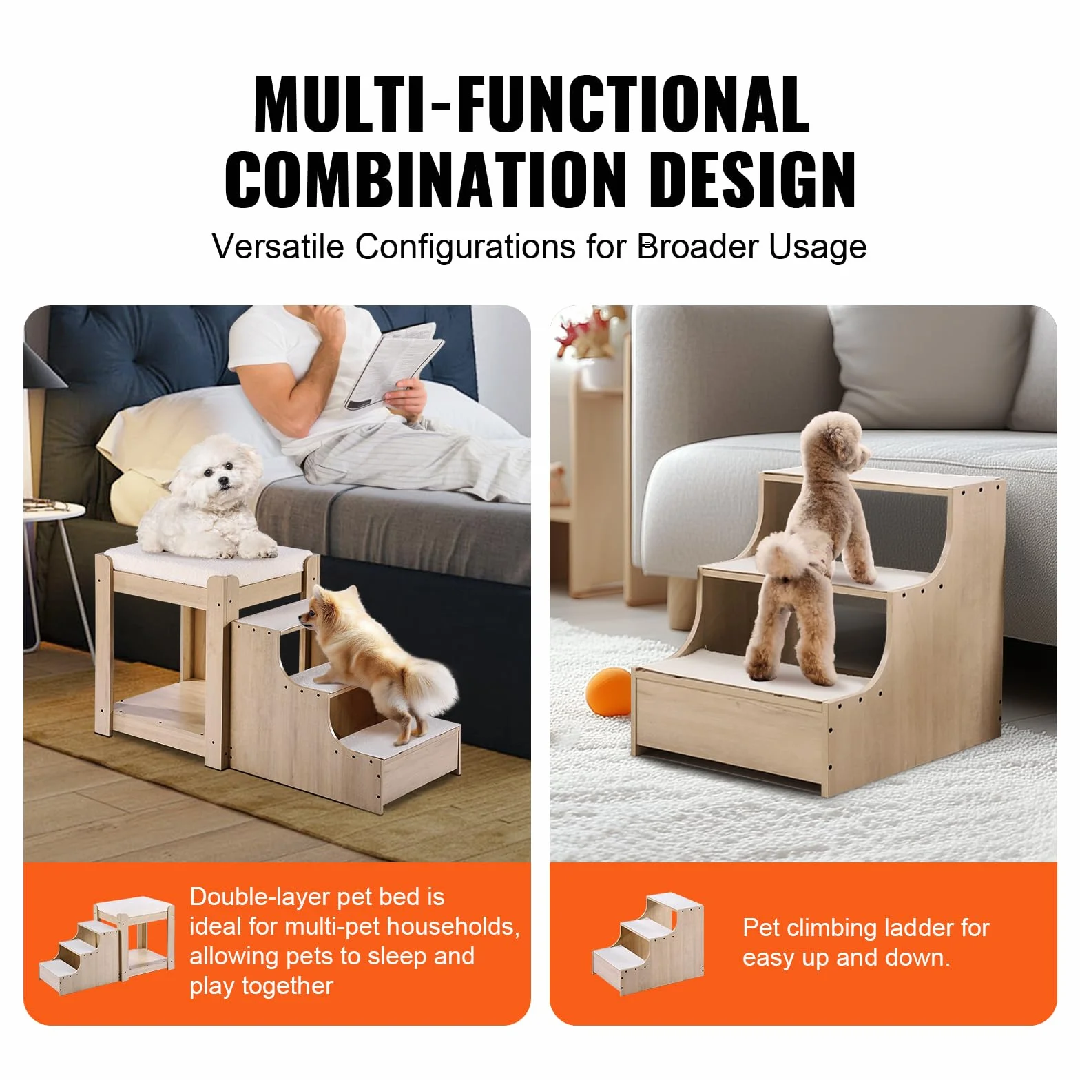 VEVOR Letto a Castello per Animali Domestici con Scale, Trespolo per Finestra per Cani/Gatti, Piattaforma Rialzata con Cuscino in Schiuma, Beige