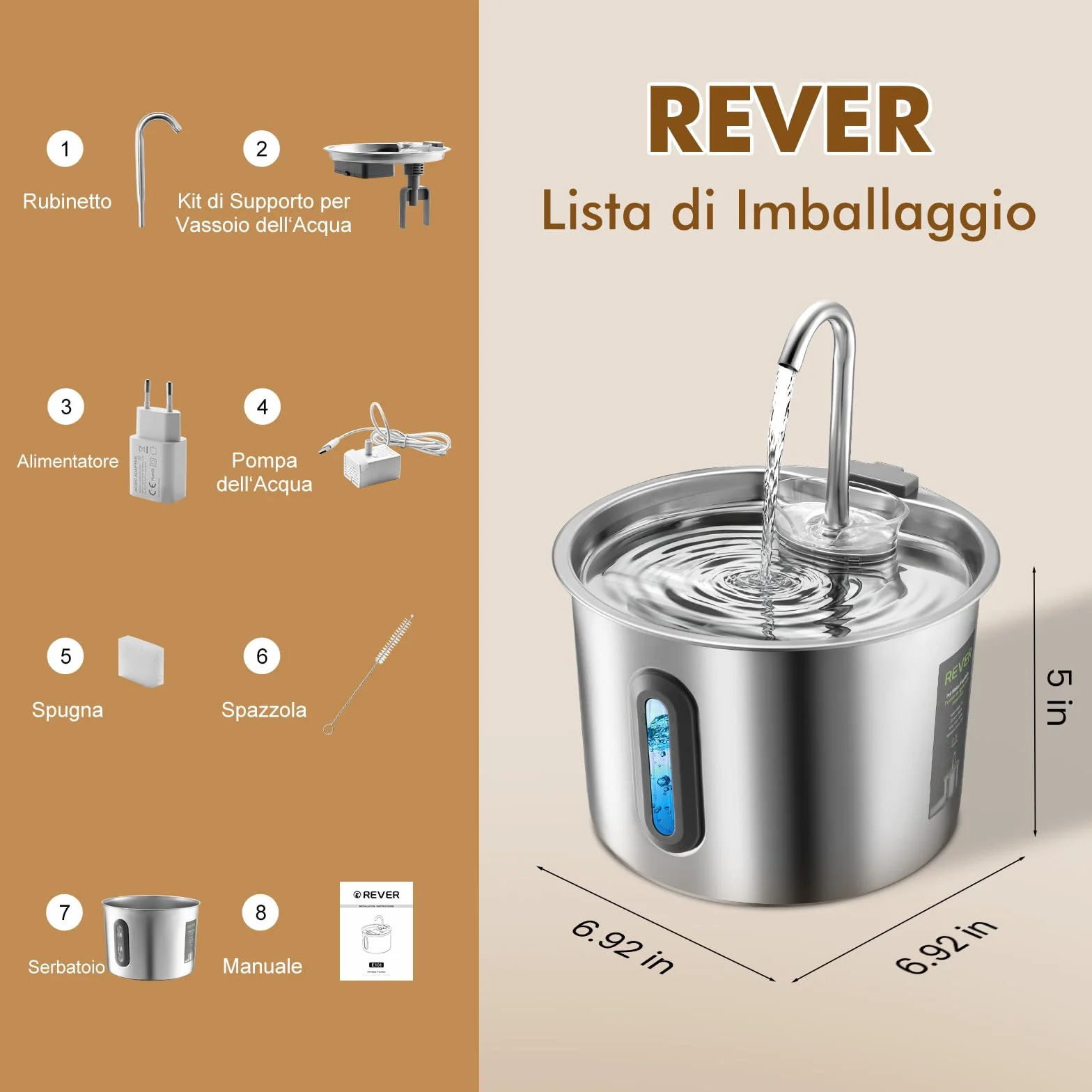 Fontanella per Gatti in Acciaio, Inox 2,2 L – Fontana Automatica con Finestra Panoramica, Pompa Ultra Silenziosa, Sistema Multi-Filtrazione + 1 Filtro e 1 Spugna – per Gatti, Cani, Piccoli Animali