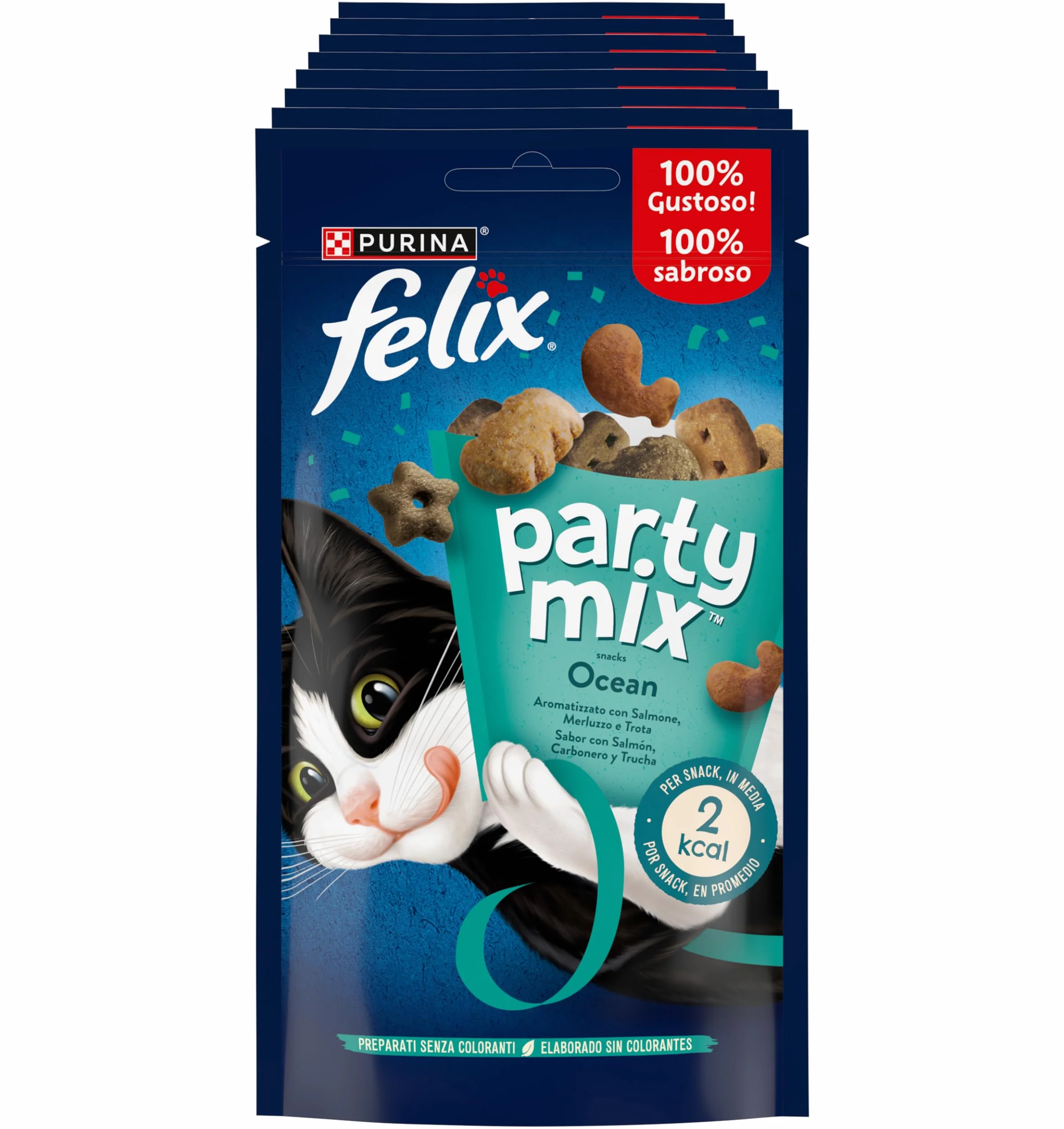 FELIX Party Mix Snack per Gatti Adulti - Croccantini per Gatti con Salmone, Merluzzo e Trota, 8 Confezioni da 60 g