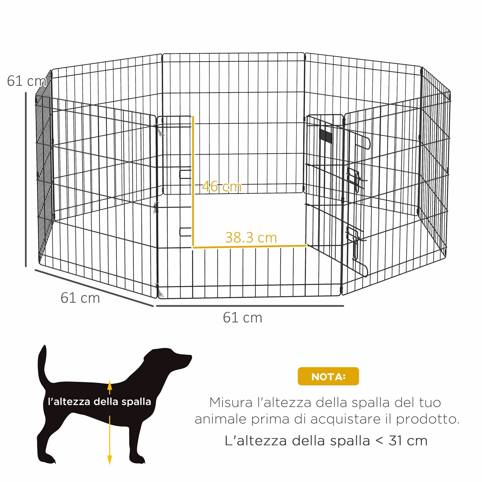 PawHut Recinto per Cani da Esterno e Interno, Recinzione Box 8 Pannelli a Rete con Porta 61 x 61cm, Nero